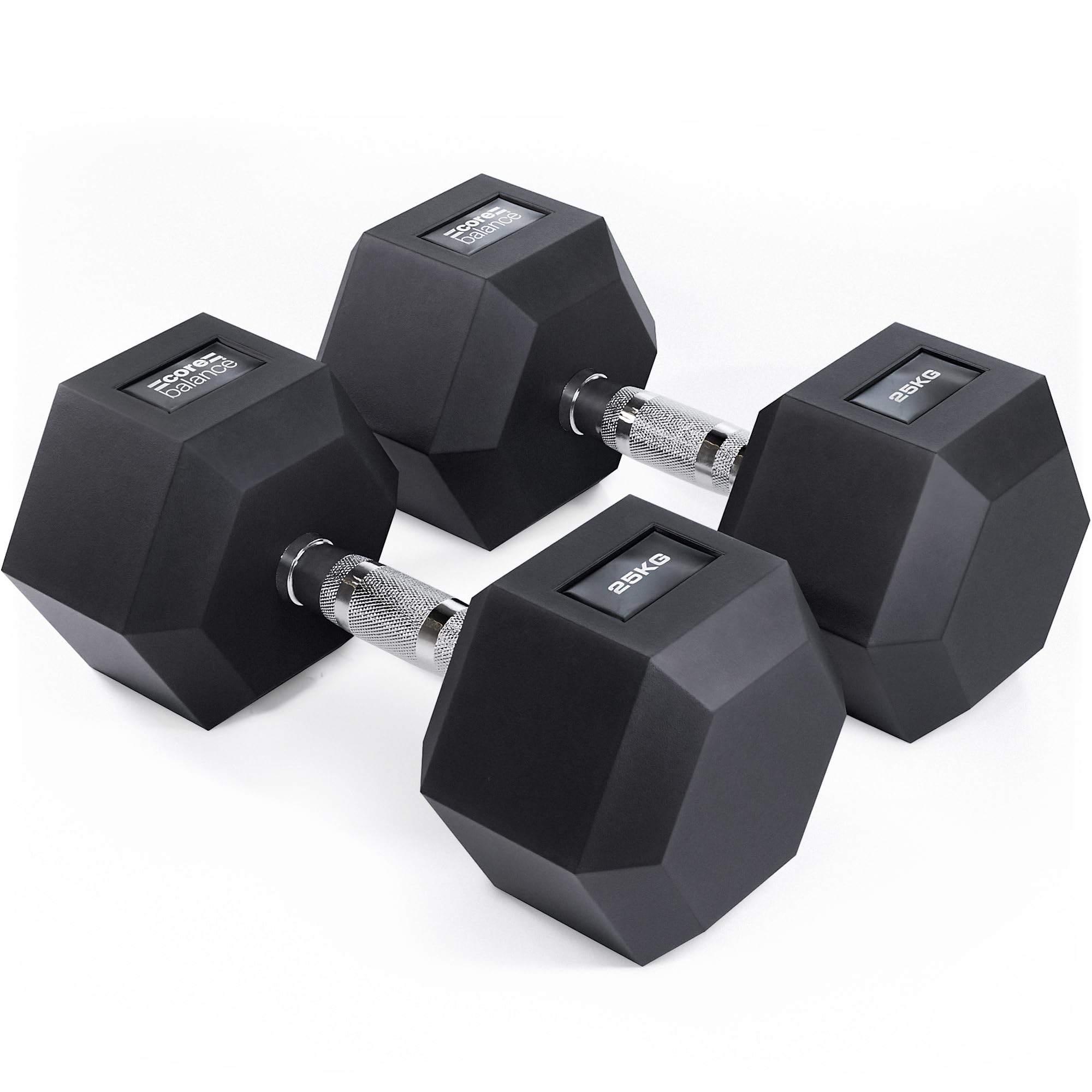 Core Balance Hex Dumbbells Pair – 2 x 25kg, Cast Iron, PVC Coated Anti-Roll Hexagonal Weights, Knurled Non-Slip Handles, Home Gym Fitness, Strength Training, Weight Lifting