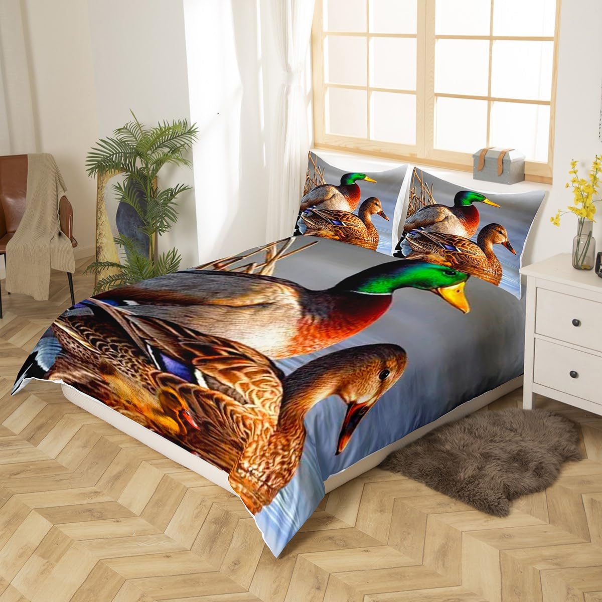 Homemissing Mallard Duvet Cover Boys Girls Duck Pattern Bedding Set For Kids Farm Animals Comforter Cover Set Natural Theme Green Bedspread Cover Room Decor Bedclothes Zipper King - Image 2