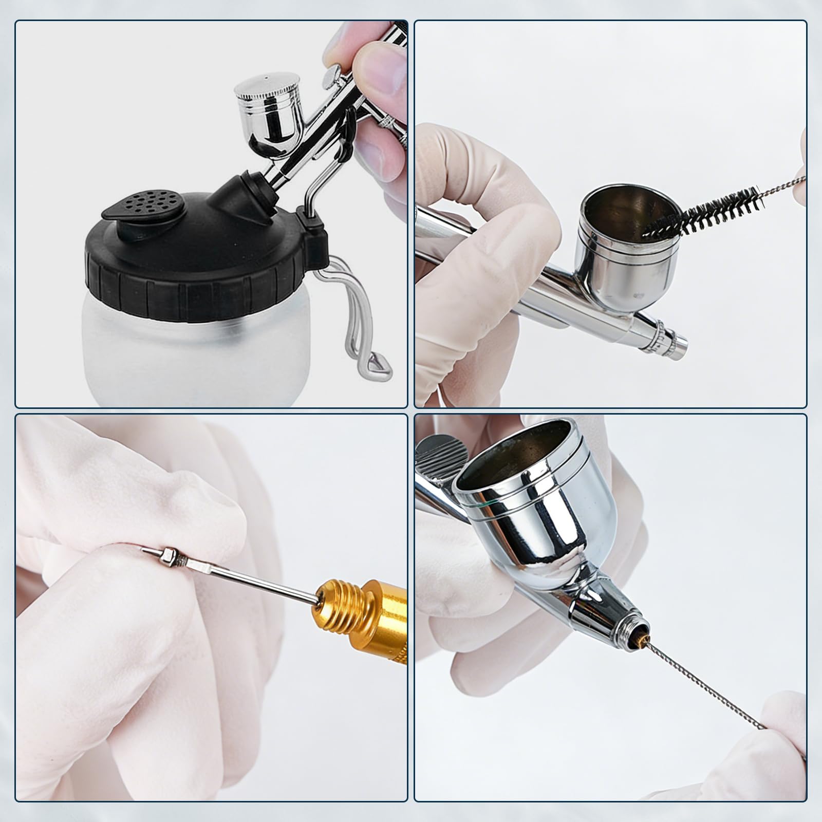VOBOR 23 Piezas Kit de Limpieza de Aerógrafo, Bote con Soporte 5 Cepillos 5 Agujas 1 Aguja de Lavado 10 Filtro de Algodón 1 Pincel Fino, para Eliminar Pintura de Airbrush - 4