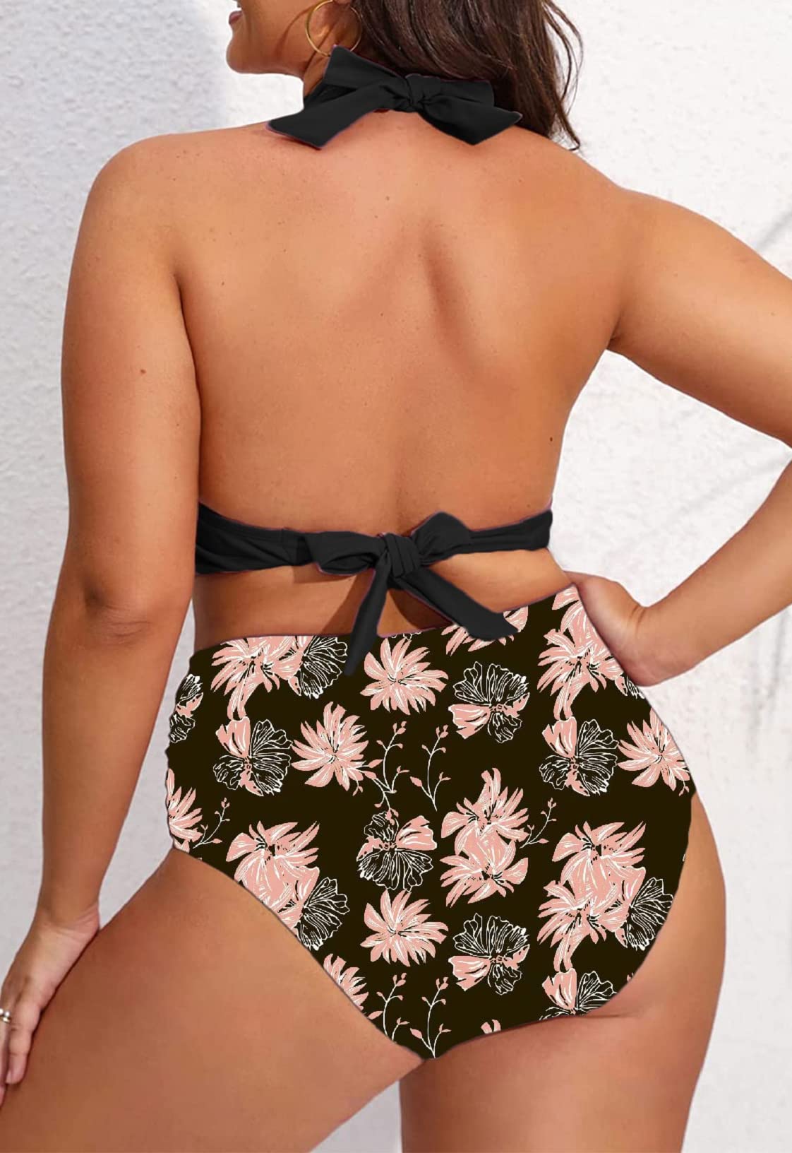 Mujer Bikini Dos Piezas Cintura Alta Fruncido Traje de Baño Cuello en V Control de Vientre Tallas Grandes