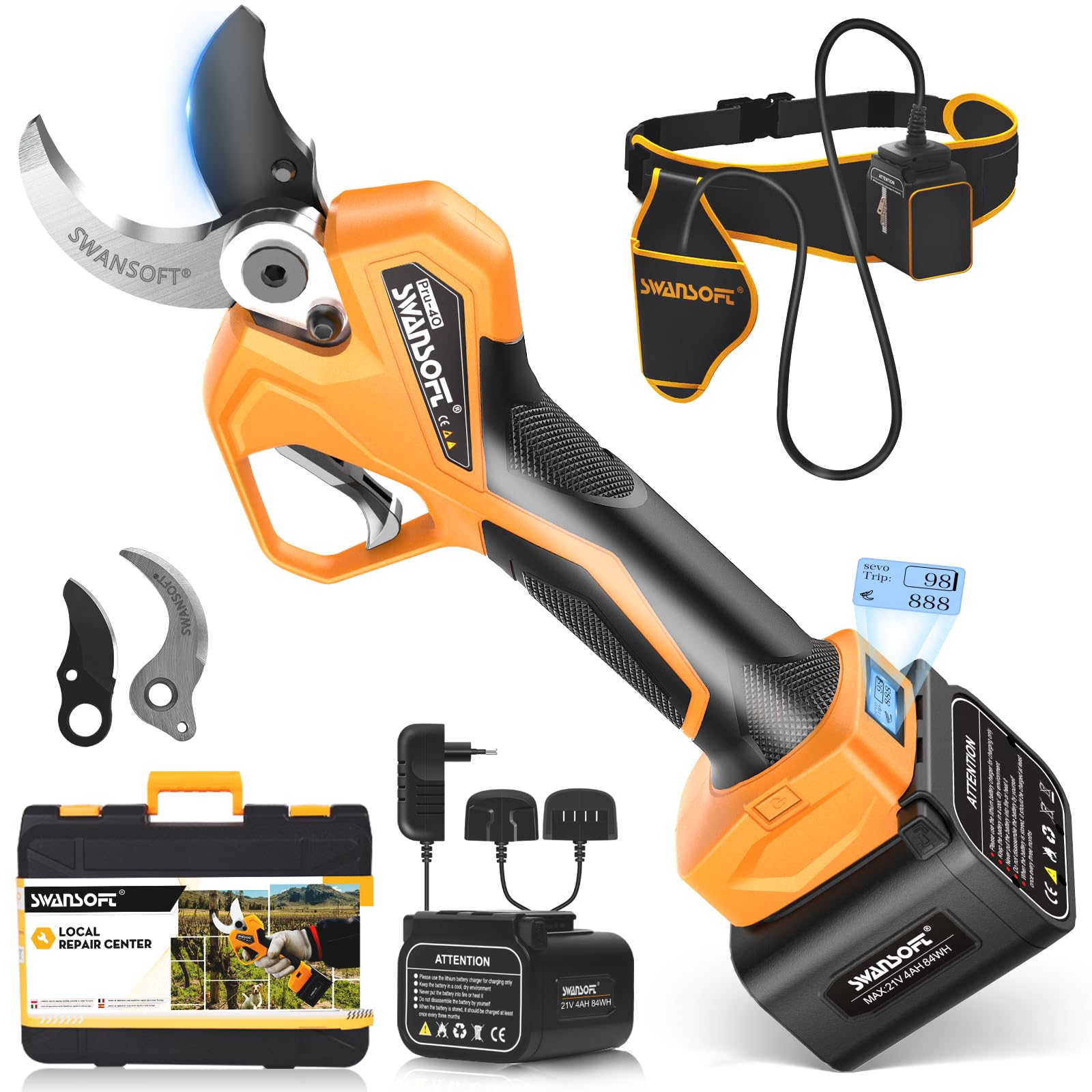 SWANSOFT PRU40 Tijeras de Podar Electricas Profesionales,40mm Corte Progresivo,2 Baterías 4Ah (10-12h),1050W Motor sin Escobillas,Pantalla LCD,con Mochila y Cable para Aliviar Peso,para Olivo y Viñedo