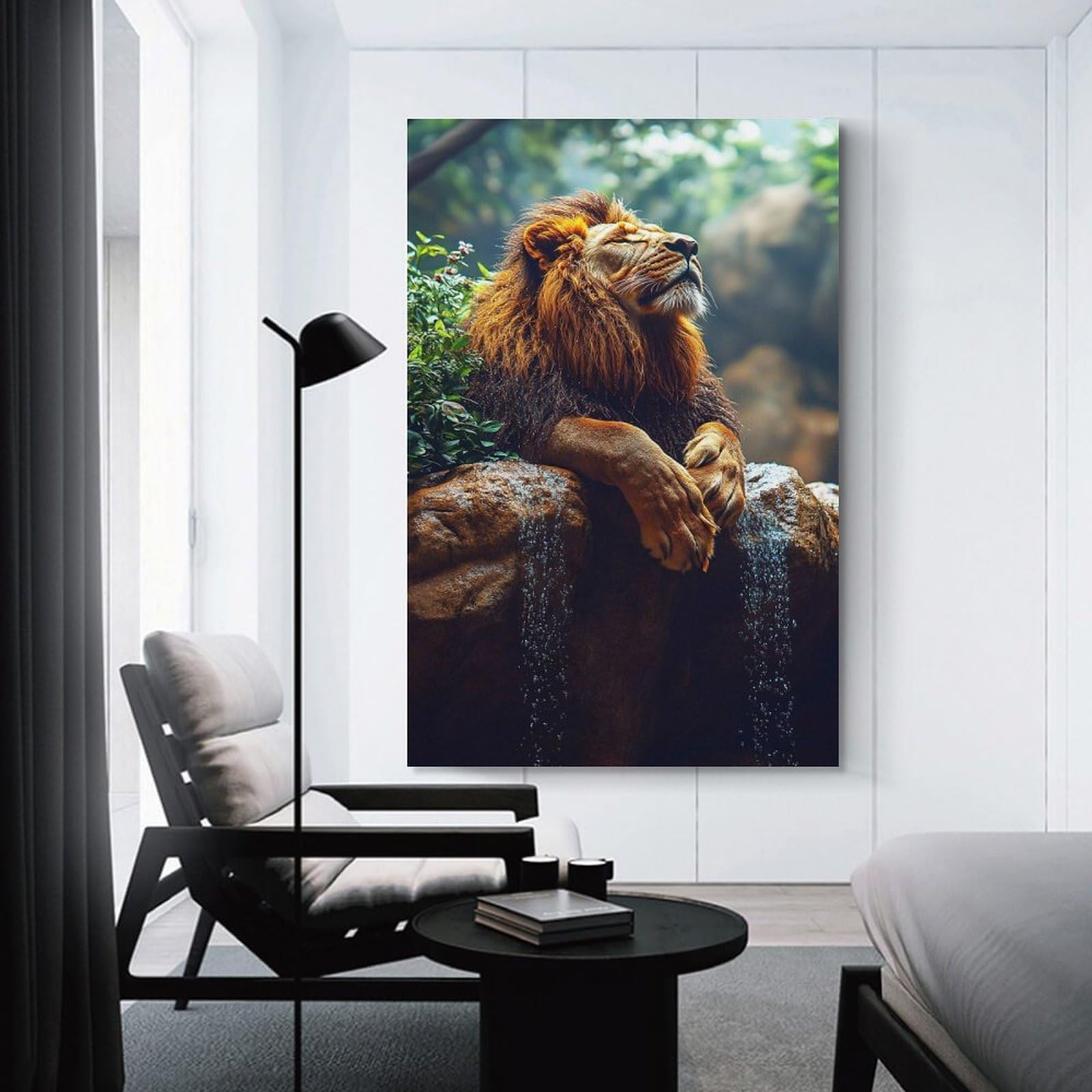 Junmoney Unframe-Style-14 Lion Resting Near A Waterfall Decorative Canvas Print, 20X30inch(50X75cm), For Contemporary Homes, Apartments Or Offices, Home Artwork For Modern Interiors
