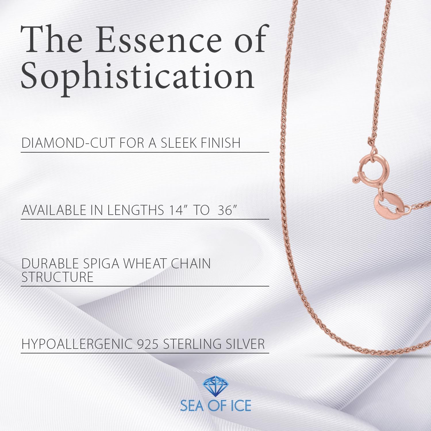 SEA OF ICE Italian Spiga Wheat Chain Necklace – Silver Chain Necklace for Women and Men – 925 Sterling Silver Spring Ring Locked Jewelry Chain – Multisize Silver Chain Unisex