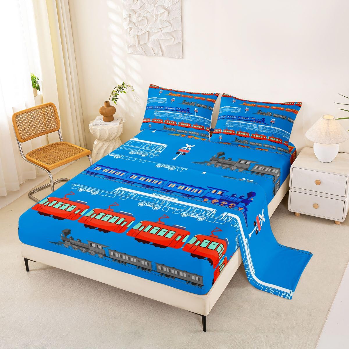 Feelyou Cartoon Car Sheet Set for Kids Boys Girls Vintage Car Sheets with Deep Pocket Fitted Sheet Train Bed Sheets Set Bedroom Decor Retro Steam