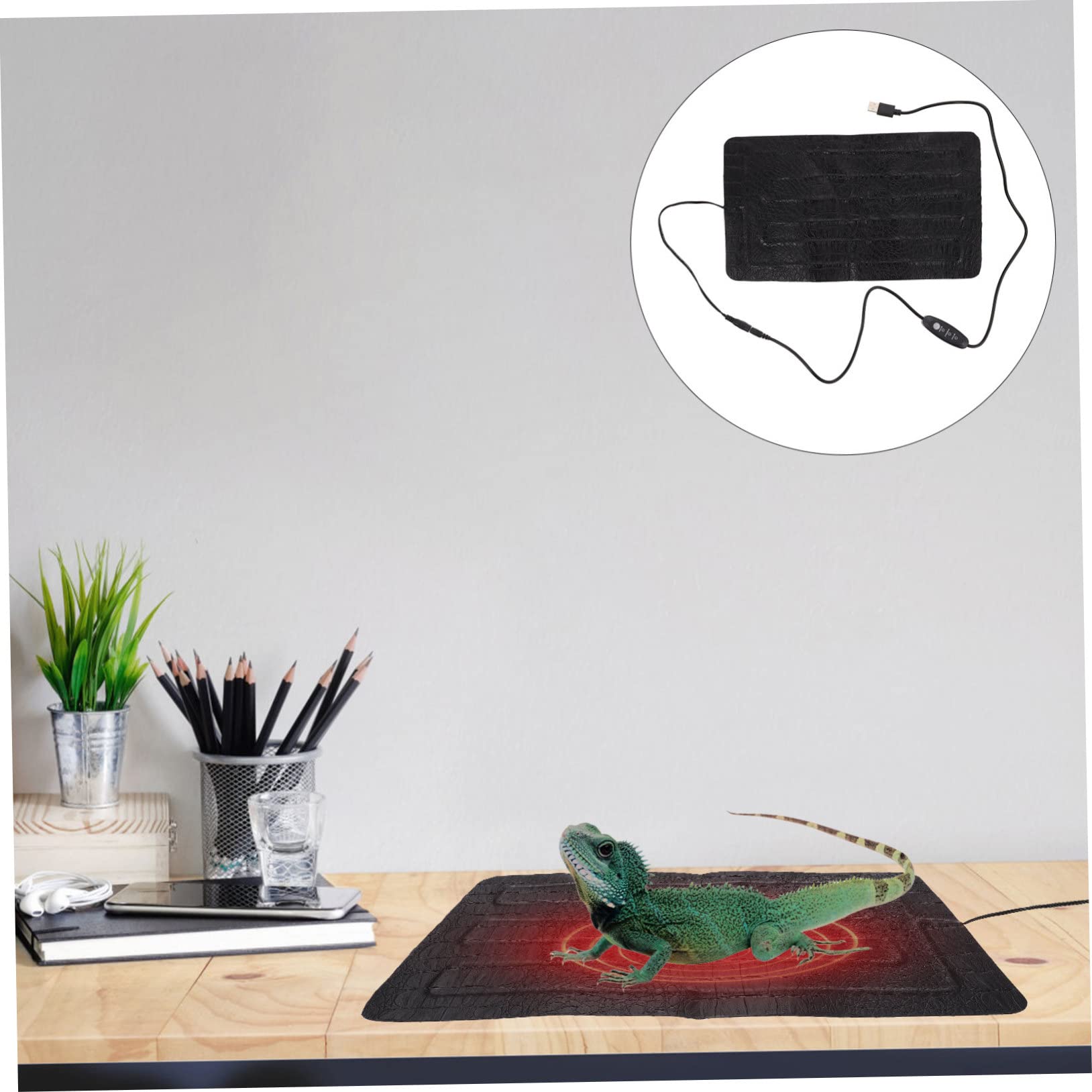 Yardwe Alfombra Calefactable Eléctrica para Reptiles y Mascotas Pequeñas, Regulación USB de 3 Niveles, Material Cuero Negro, Adecuado para Terrarios y Uso en Exteriores