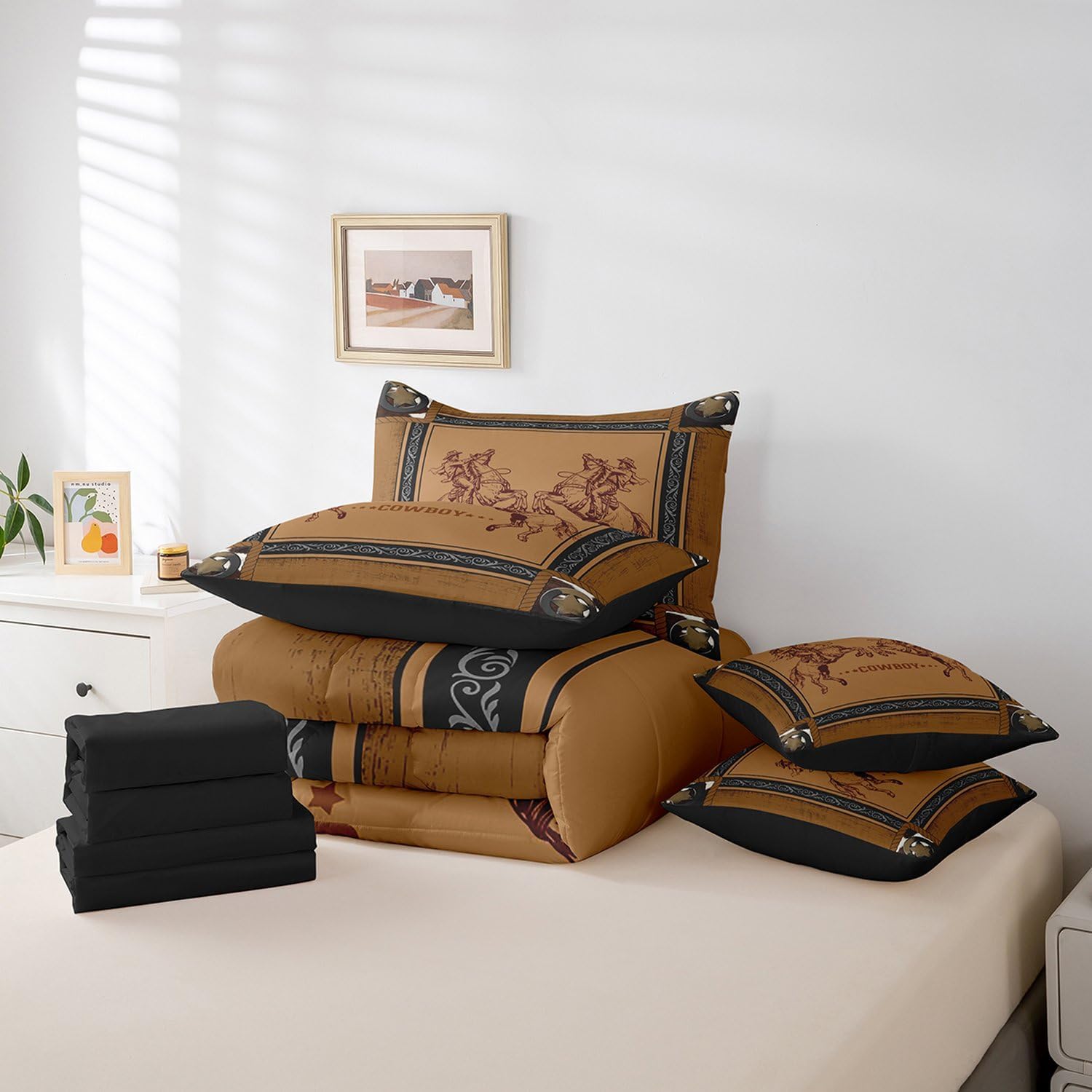 Erosebridal Western Queen 7 Piece Comforter Set with Sheets for Boys Men,Vintage Cowboy Brown Bedding Set Rustic Farmhouse Texas Star Bed in A Bag Wild West Cowboy Bed Set Room Decor