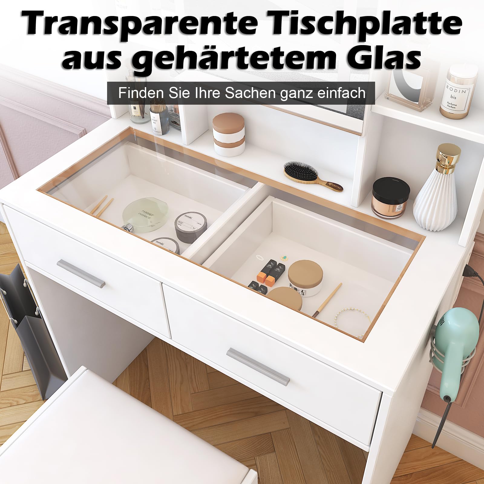 LEADZM Schminktisch mit Beleuchtung, Spiegel & Hocker (Weiß, 80x40x140 cm) | 3-Farben Licht, Glastisch mit Steckdose/Haartrocknerhalterung, 2 Schubladen & 6 Ablagen, Modernes Design
