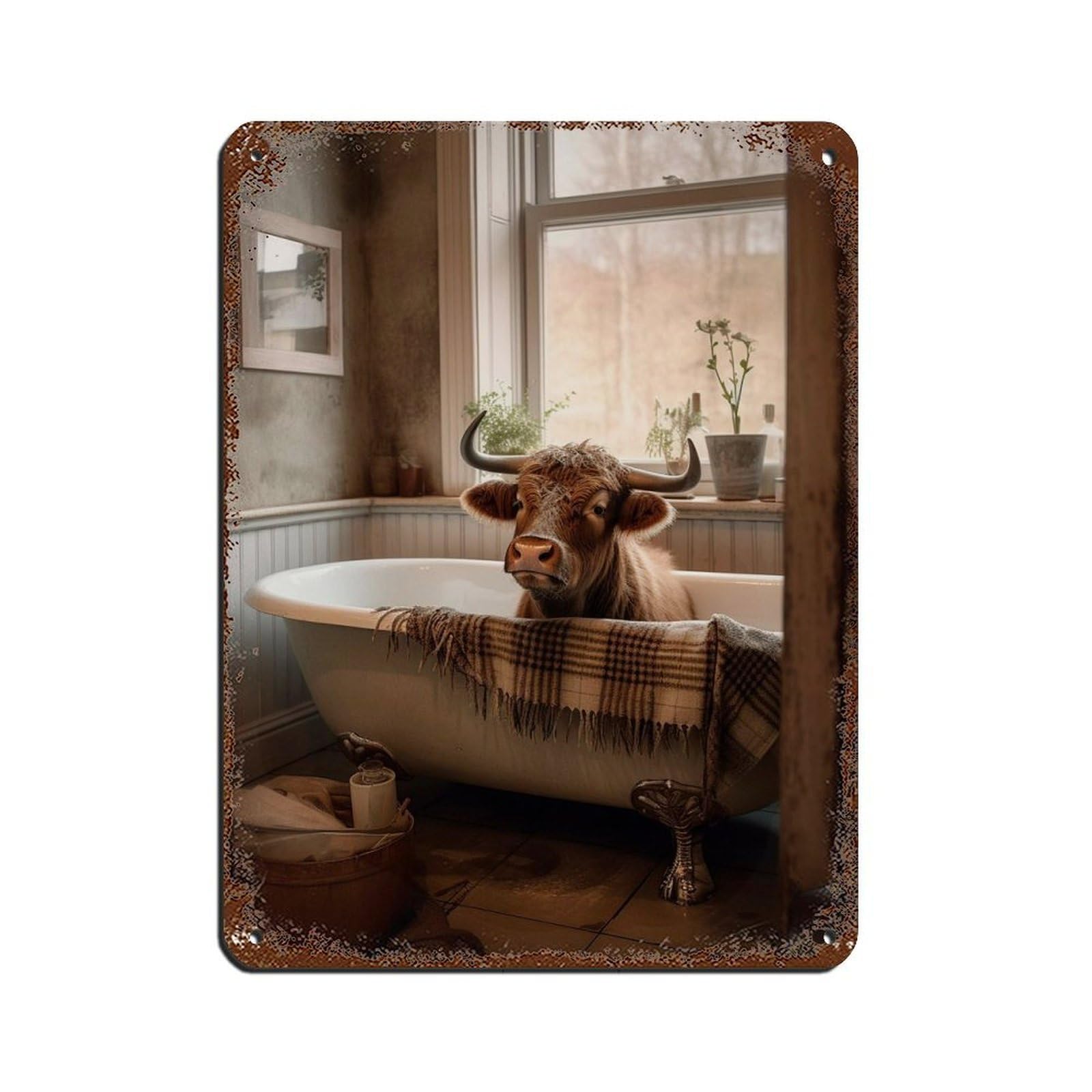 Highland Cow Taking A Bath (2) Tin Sign Vintage Metal Pub Club Cafe Bar Home Wall Art Decoration Poster Retro 12x16inch(30x40cm)