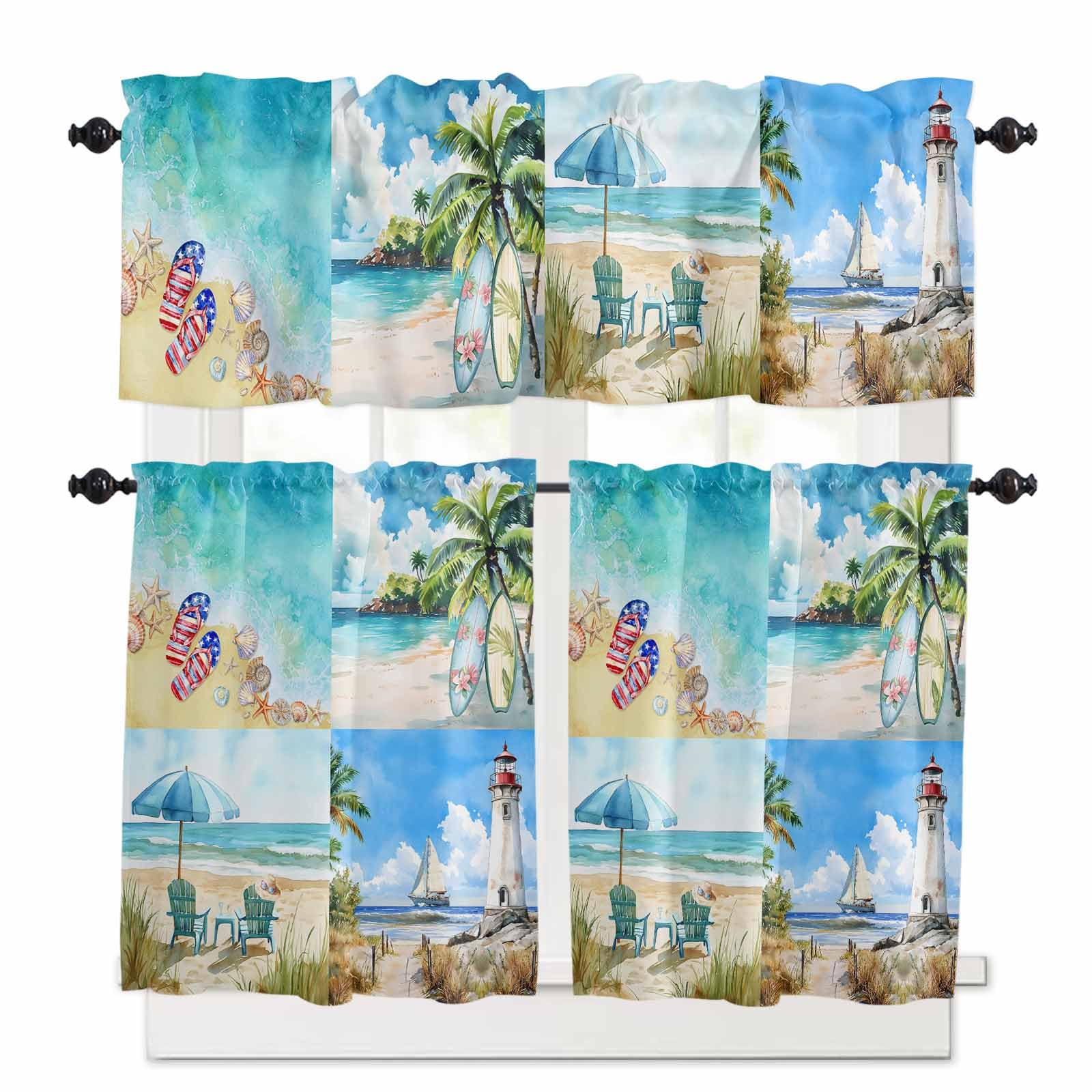 Summer Beach Kitchen Curtains 36 Inch Length, 3 Piece Rod Pocket Small Half Tiers and Valance Set, Modern Tropical Coastal Ocean Seaside Small Large Window Treatment Decor for Bedroom/Bathroom Sink