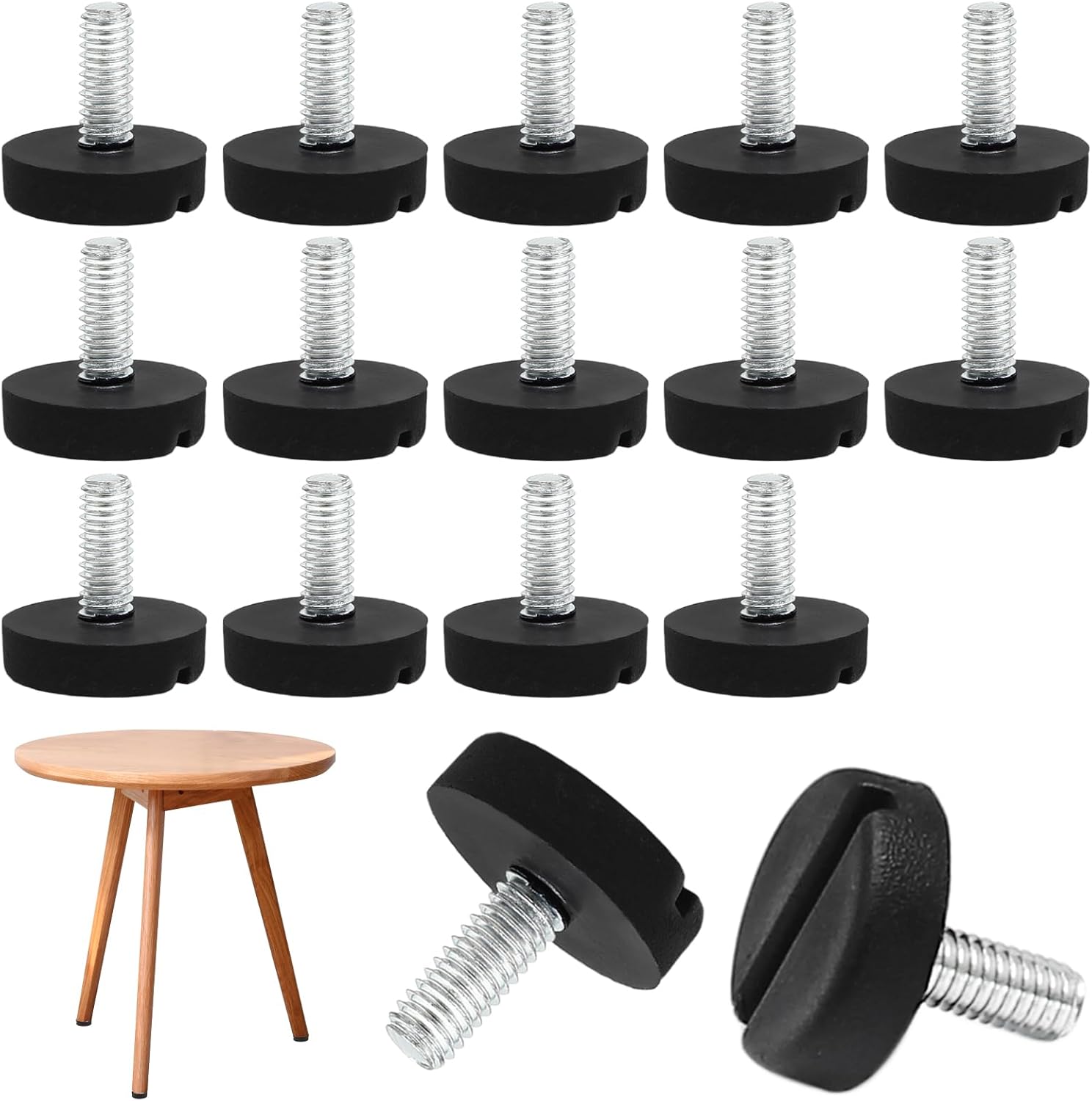 8 Pcs M6 x 15mm Black Furniture Levelers, Modern Square Adjustable Feet for Chairs, Tables, Desks, Cabinets, Benches, Stools, Shelves, Patio Furniture, Indoor, Outdoor