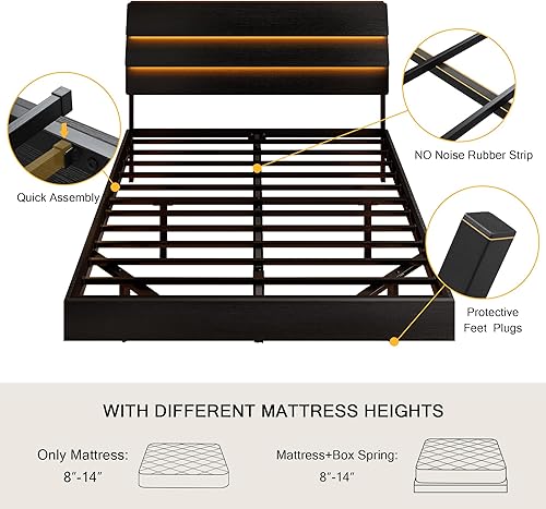 Miniatura 8 de Base de cama flotante tamaño Queen con cabecera LED y estación de carga, base de cama de plataforma de metal con almacenamiento, control remoto,