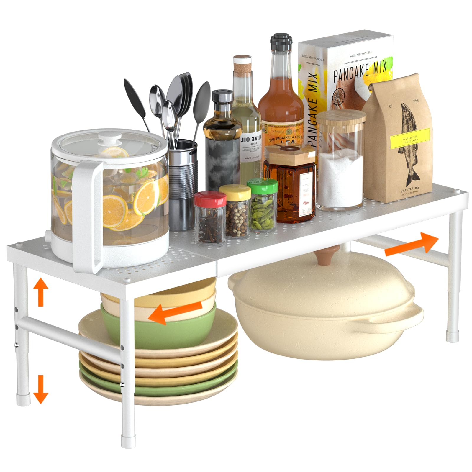 SKYSER Spice Rack kitchen Cupboard Shelf Organiser, Expandable Kitchen Shelf Organiser, Adjustable height, suitable for kitchen, cabinet, study, bathroom (White)