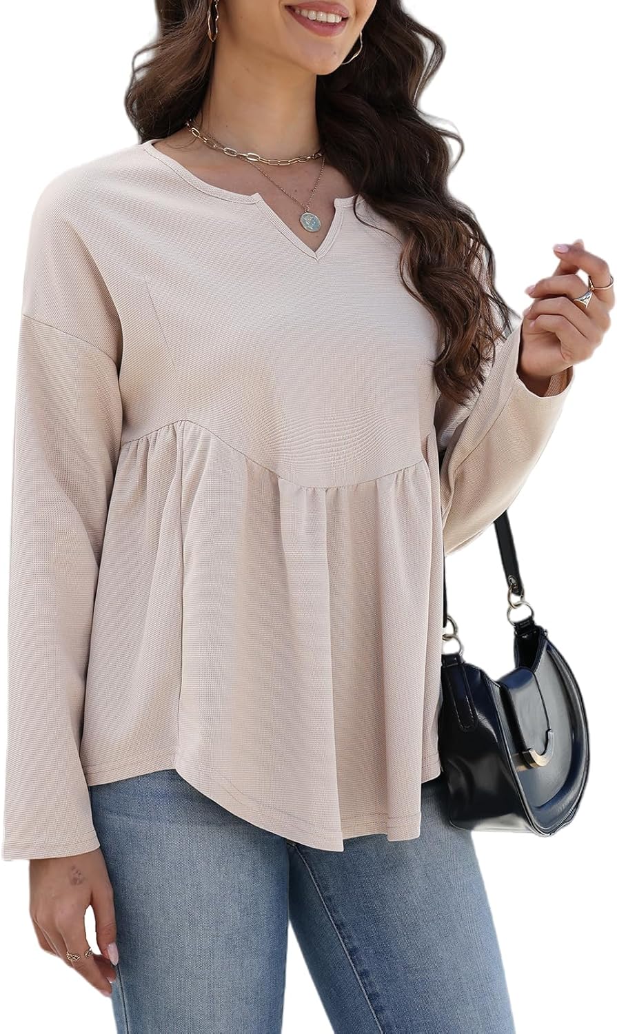 Women Waffle Knit Long Sleeve Shirt V Neck Babydoll Tunic Tops Fall Winter Casual Fashion Clothes - Image 5