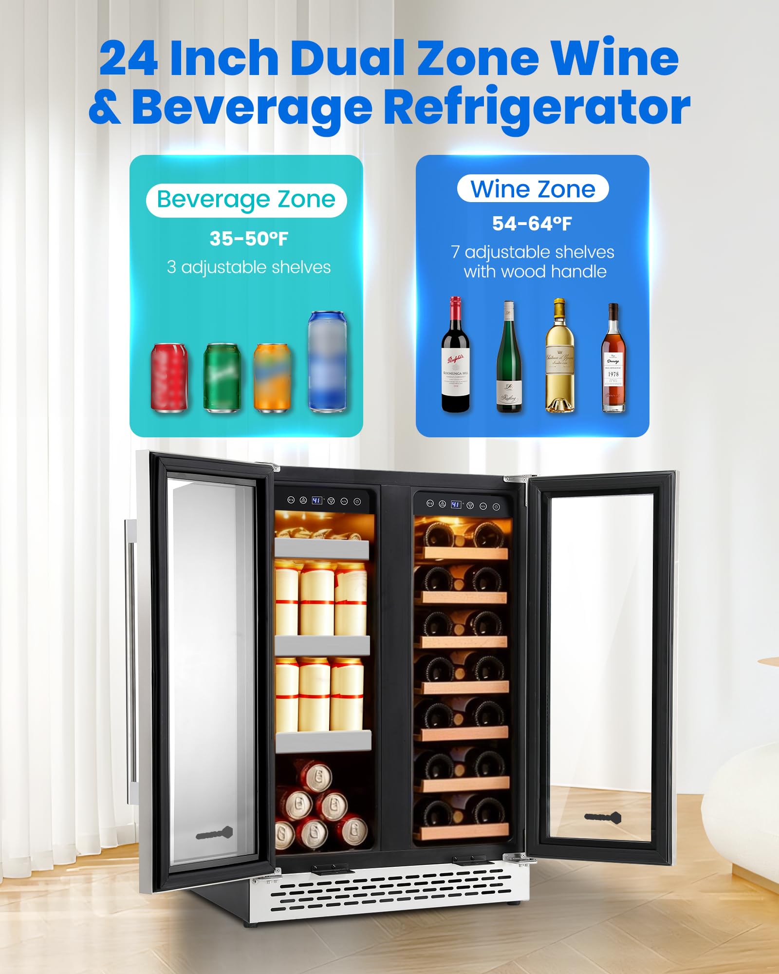 24 Inch Wine and Beverage Refrigerator Under Counter, Dual Zone 20 Bottles & 88 Cans Beverage Fridge with Stainless Steel Tempered Glass Door, Built-in/Freestanding Mini Fridge for Office/Bar/Kitchen on Fridge.com