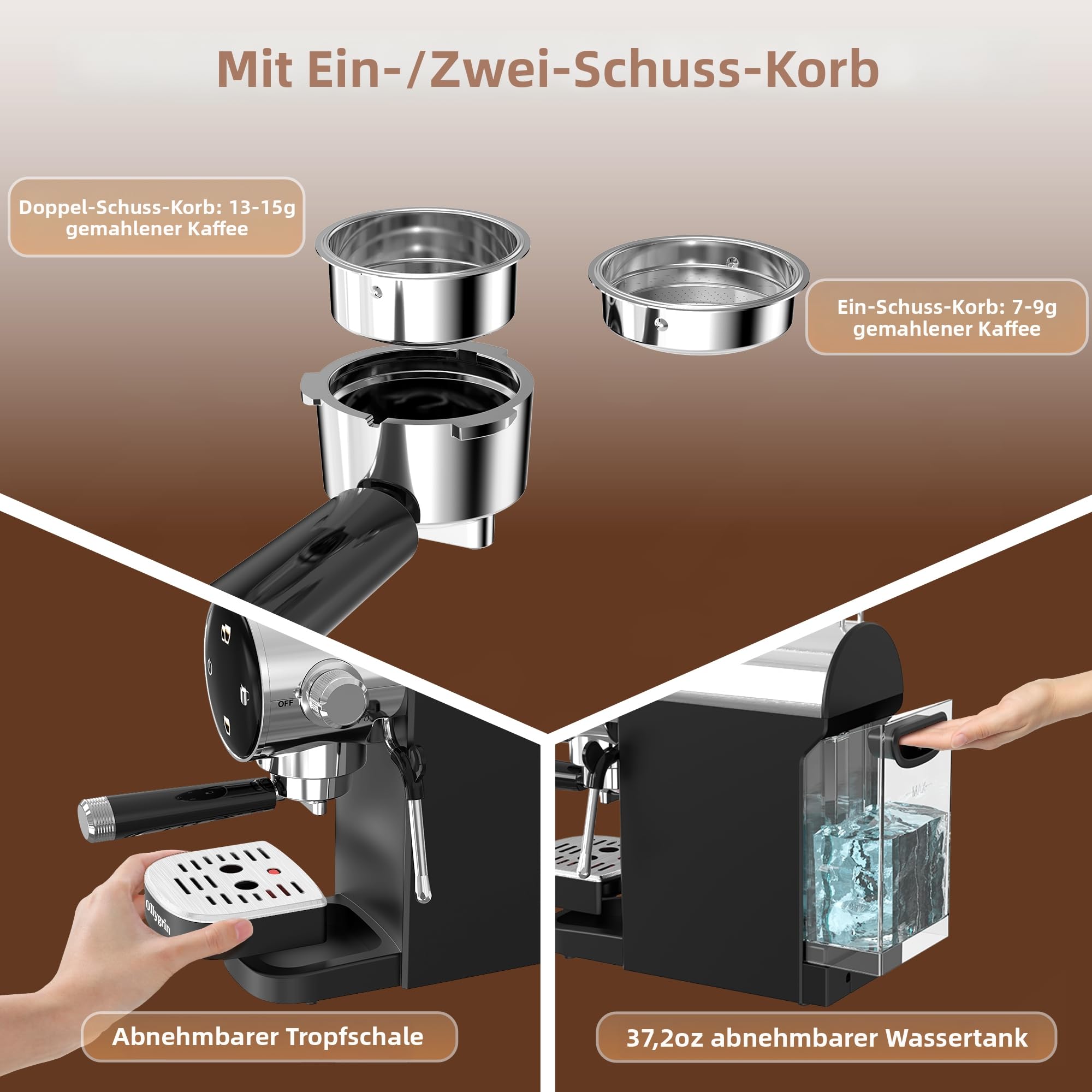 Ollygrin 20 Bar Espressomaschine mit Milchaufschäumer - Für Einzel- und Doppelshots, mit entnehmbarem Wassertank, Vorinfusion für cremigen Genuss - Ideal für Haushalt und Büro