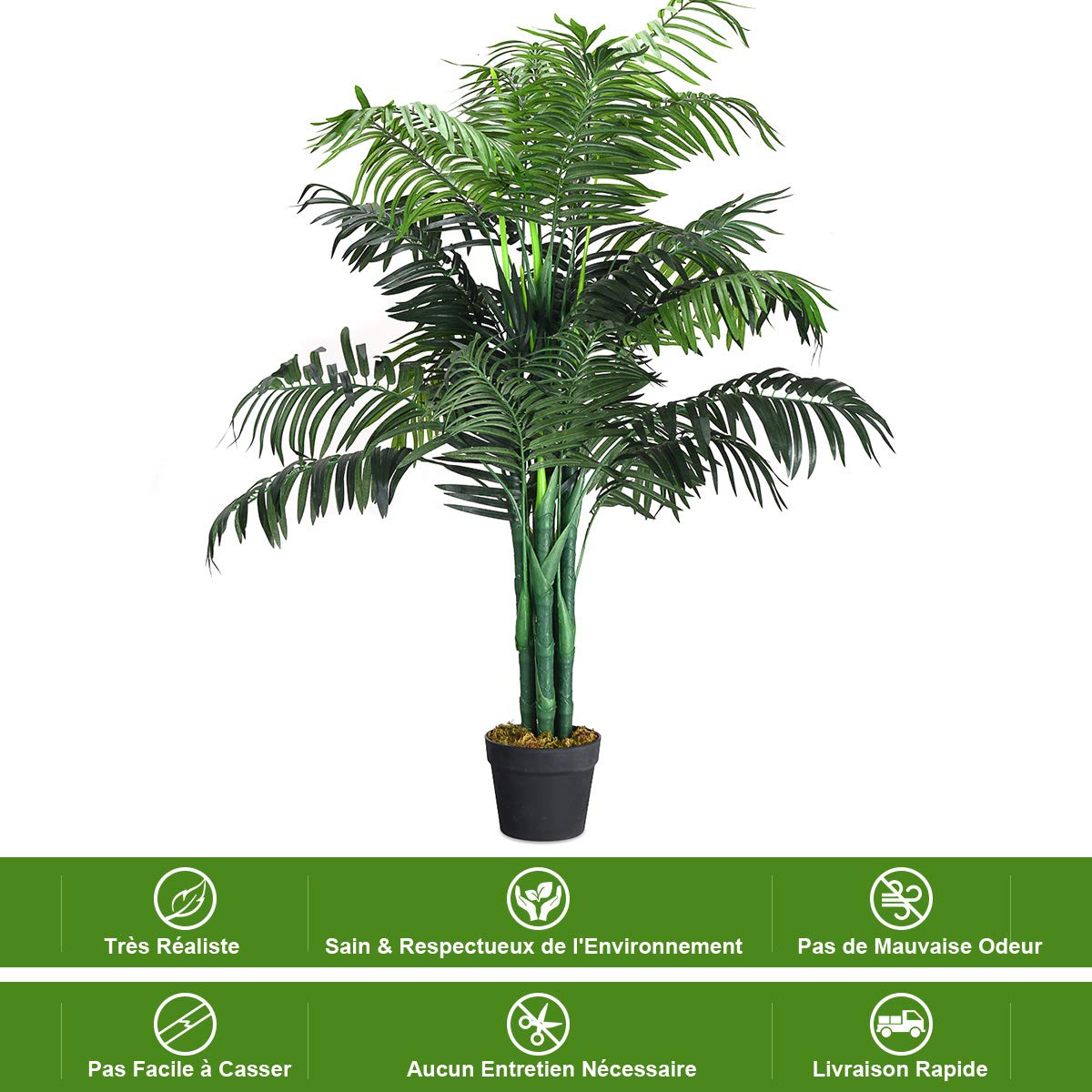 COSTWAY Plante Artificielle Extérieur de 110 cm, Palmier Artificiel en Pot Convient pour Intérieur, Decoration Salon Chambre Balcon Cour Jardin Bureau, Arbre Artificiel Aréca Vert