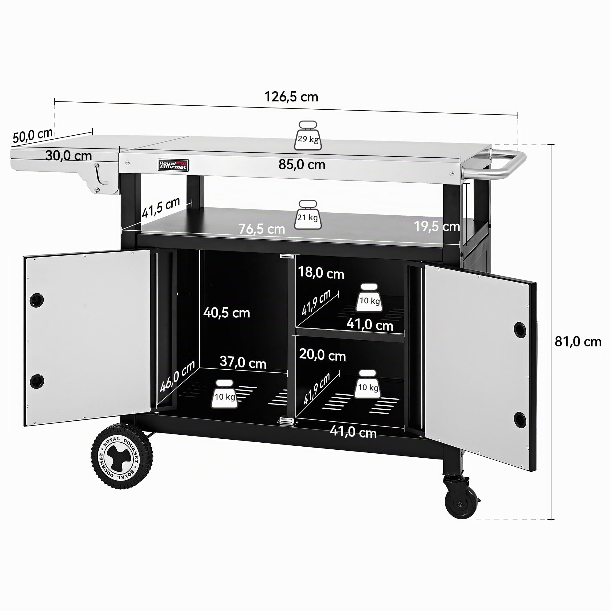 Royal Gourmet Chariot de Barbecue avec Table latérale Pliable avec poignée pour Serviette, Meuble Bas, Chariot de Barbecue avec Plateau de Table en Acier Inoxydable, Chariot de Service avec roulettes