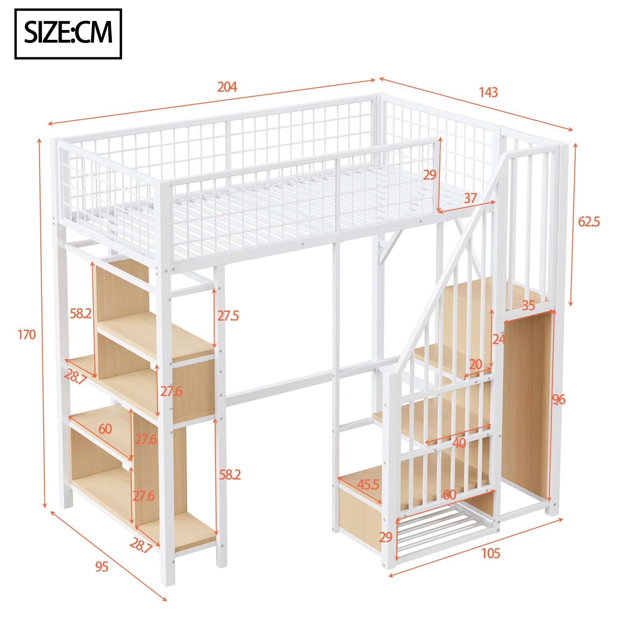 Letto a soppalco con ripiani e scale, letto singolo con vano portaoggetti, letto per adulti per camera da letto, camera degli ospiti, letto in metallo, senza materasso, bianco, 90 x 200 cm