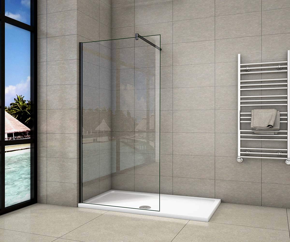 Parete Doccia Walk-In 100x200cm Vetro 8mm easy clean Barra Tagliabile: 90cm | Telaio Nero Opaco, Vetro Temperato, Stabilizzatrice