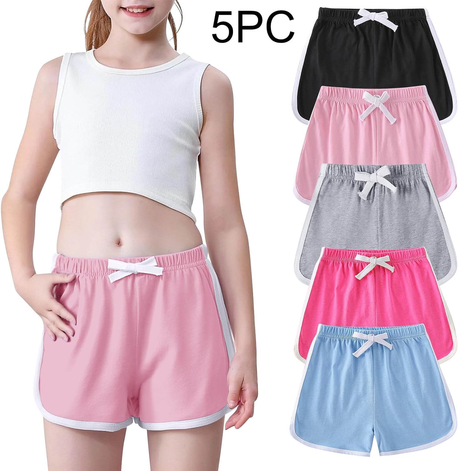 Girls Summer Cotton Dophin Shorts 5-Pack Comfy Elastic Waist Loose Colorblock Boys Running Shorts for Toddler 1-11 Years