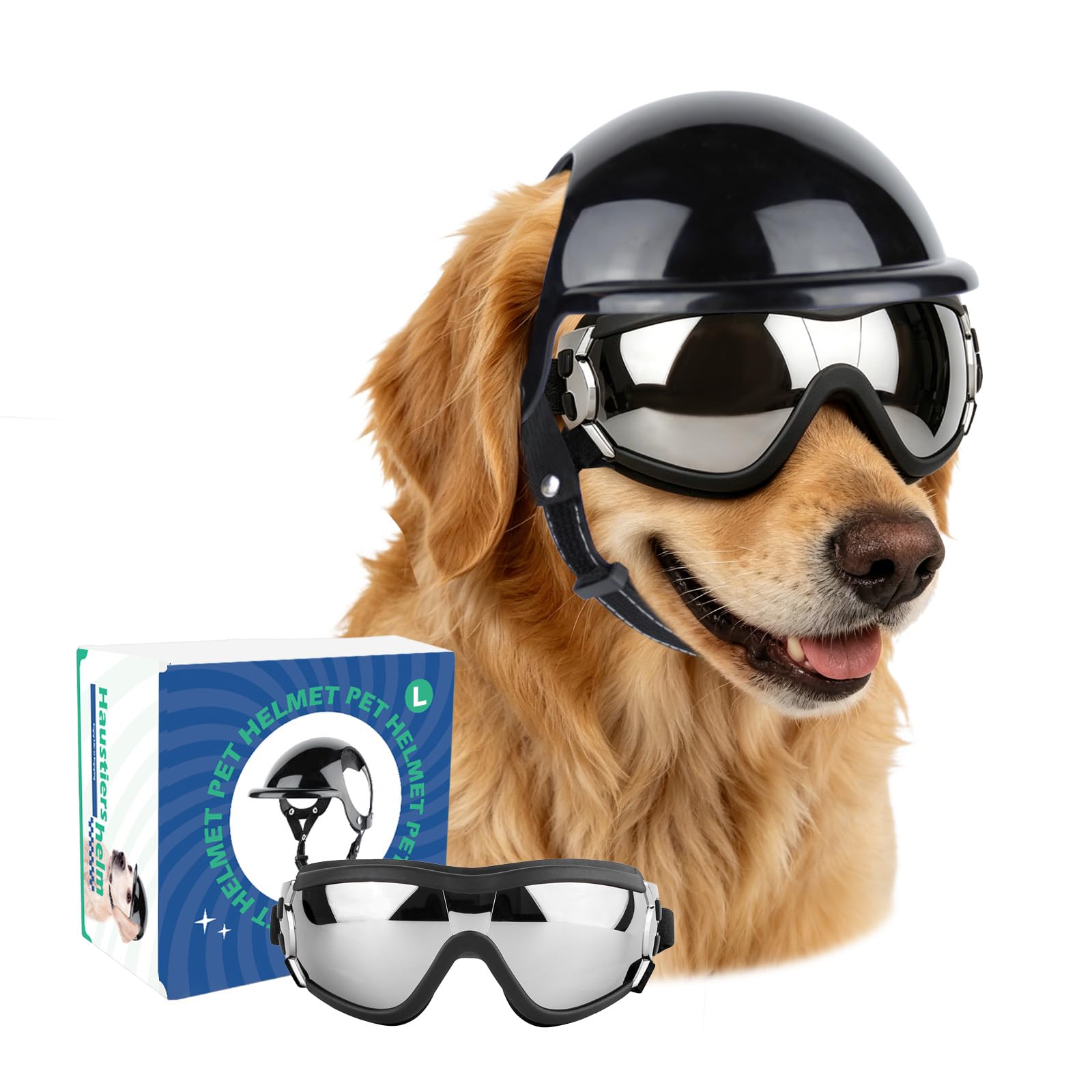 PETLESO Dog Goggles and Pet Helmet Set, Large Dog Sunglasses Anti-UV Windproof, Safety Motorcycle Helmet with Ear Holes for Medium to Large Breeds, Head& Eyes Protection, Black L : Pet
