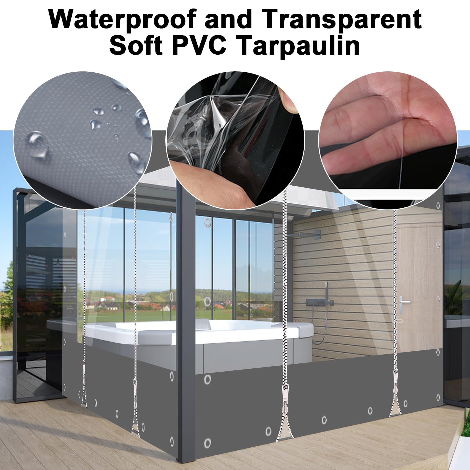 Transparente Plane, 650g/m² PVC Plane, Outdoor Vorhang mit Reißverschluss, Wasserdiche Abdeckplanne Windschutz und Regenschutz für für Pavillon, Balkone, Terrassen (Grau, Höhe 2.1m x Breite 3m)
