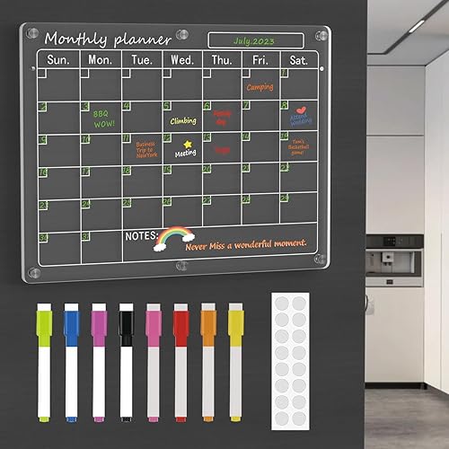 Calendario acrílico magnético para refrigerador, 1 paquete de 12 x 16 pulgadas, calendario transparente para nevera, borrado en seco, juego de