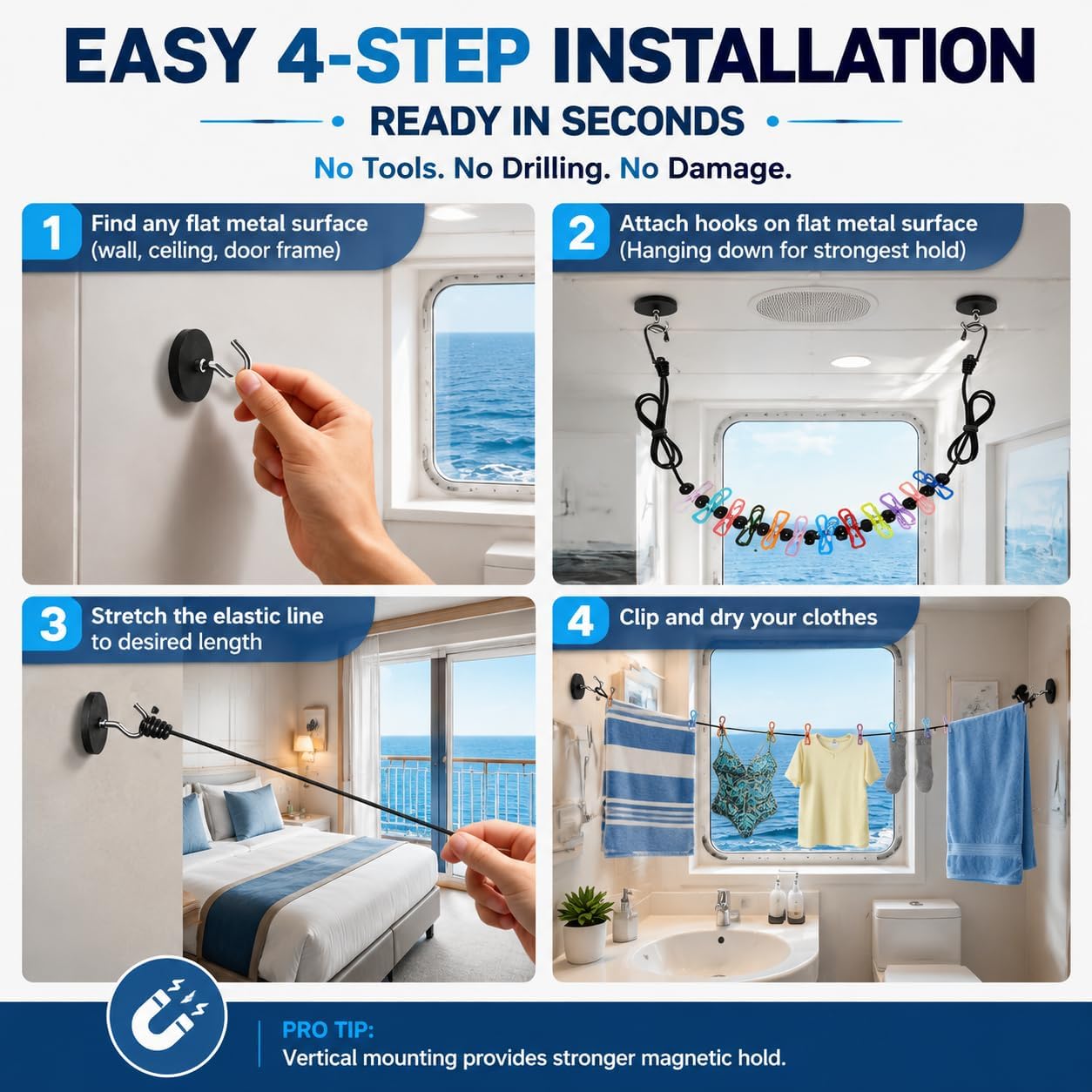 Magnetic Clothesline for Cruise Ship Cabin Approved, Strong Rubber Coated Non-Scratch Magnets, Travel Clothesline for Cruise Ship Essentials 2025