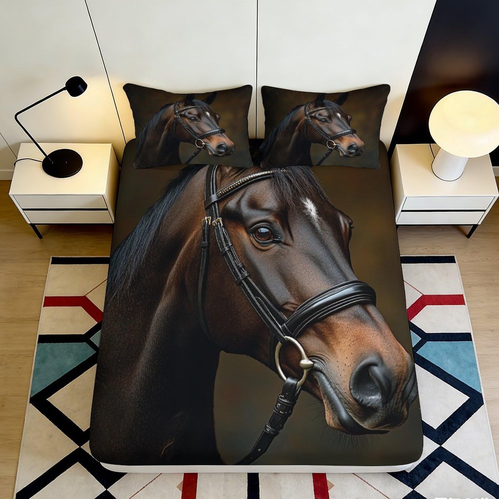 3D Printed Horse Deep Pocket Fitted Sheet Microfiber Bedroom Bedding Non-Slip Horse Mattress Fitted Cover Washable 200x200x25cm