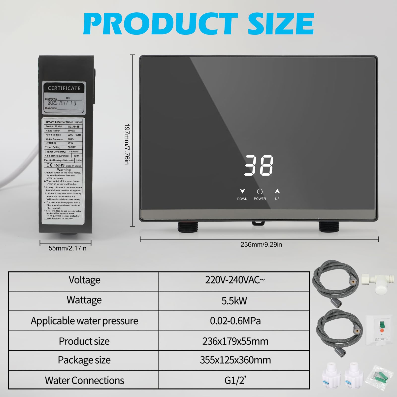 Mini calentador de agua instantáneo sin depósito, 5,5 kW, calentador de agua instantáneo para cocina con panel LED digital, calentador de agua instantáneo eléctrico para baño cocina (sin