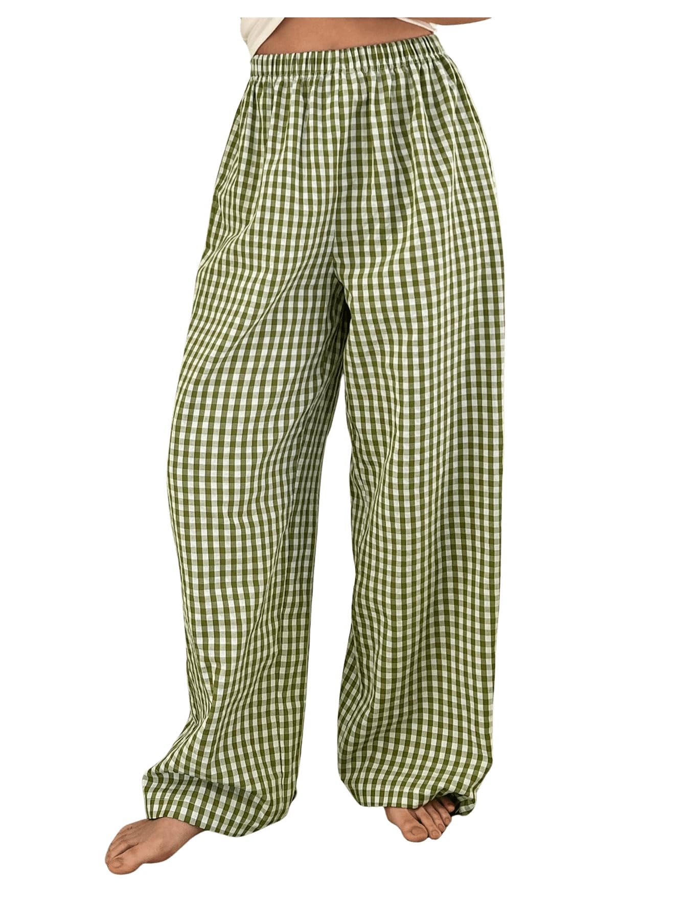 OYOANGLE Womens Plaid Print Linen Long Pants Elastic High Waisted Wide Leg Y2K Loose Casual Trousers