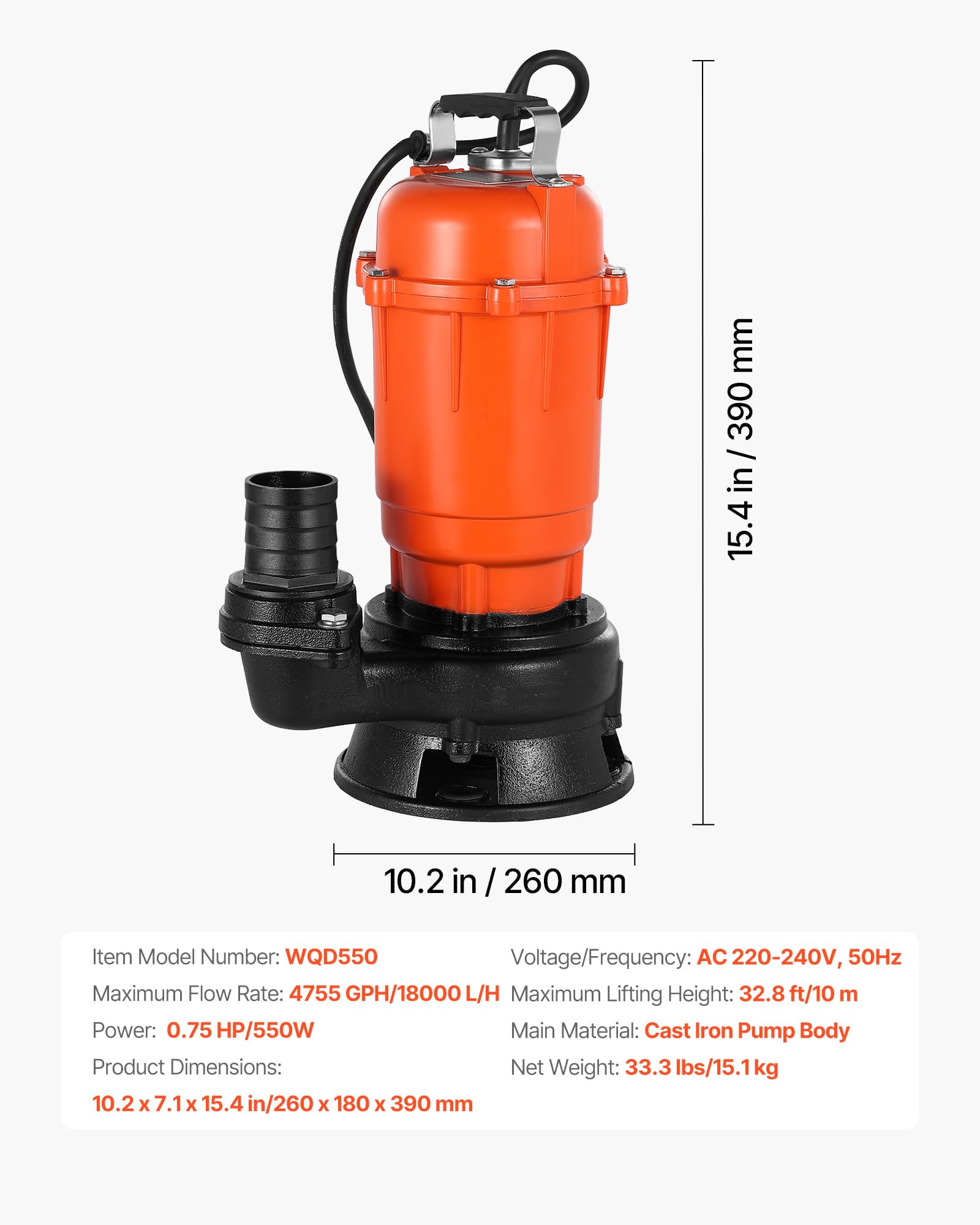 VEVOR 550W Tauchpumpe, 18000l/h, Gusseisen-Schmutzwasserpumpe mit 5,08cm Auslass, 10m max. Förderhöhe, zum Abpumpen von Schmutzwasser, für Pools, Gärten, Teiche, Keller & überflutete Bereiche