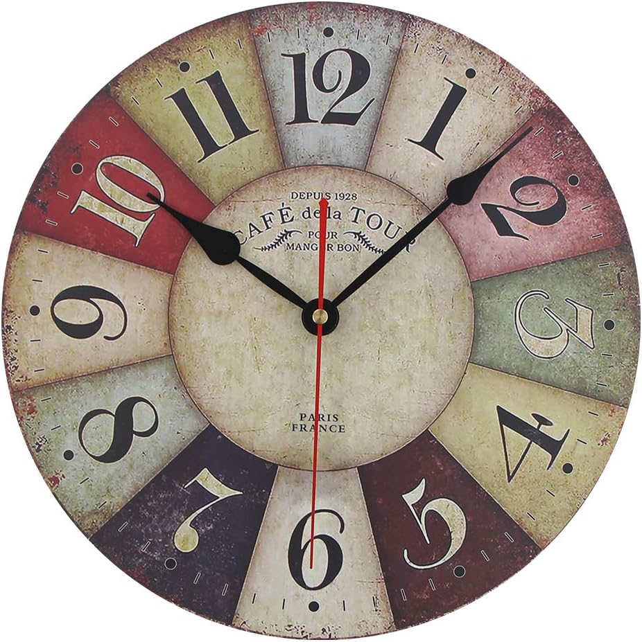 MDF Retro Wall Clock 12" Round, Silent Non -Ticking Quartz Wooden Wall Clock Decorative for Kitchen,Living Room,Kids Room and Coffee (Colorful, 12 Inch)