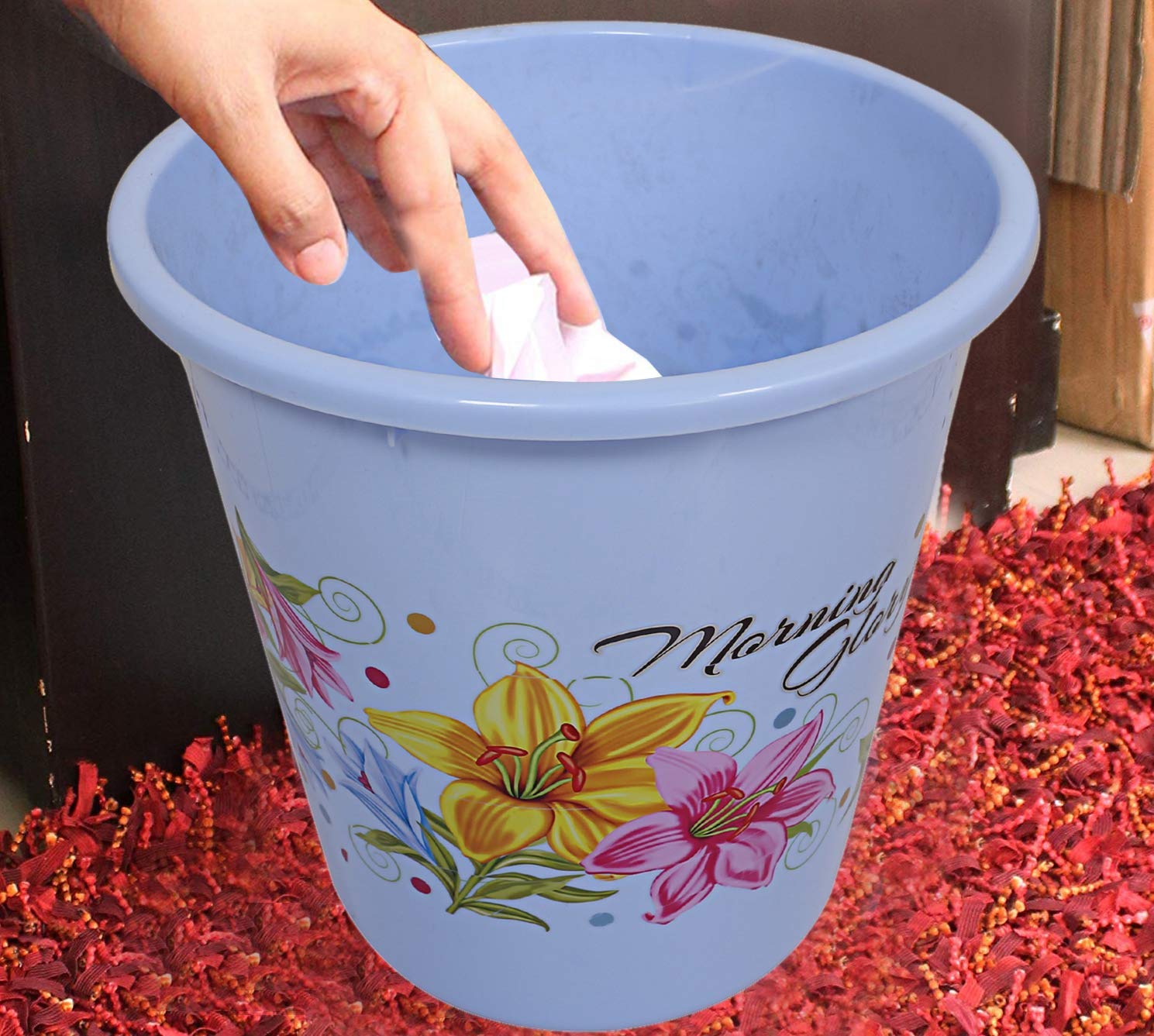 Kuber Industries Blue 5L Floral Dustbin - Pedal & Open Top -3