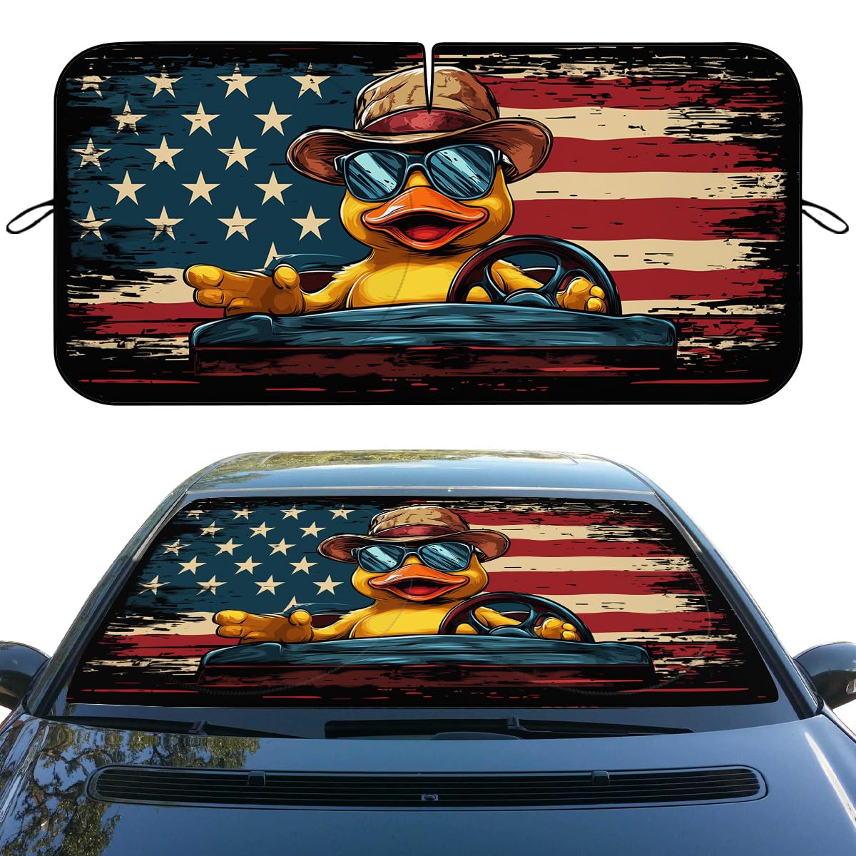 Cute Ducky Car Windshield Sunshade - Folding American Flag Heatshield - UV Rays Sun Shade Visor Protector - Sedan, Truck, SUV Accessories - 59" L x