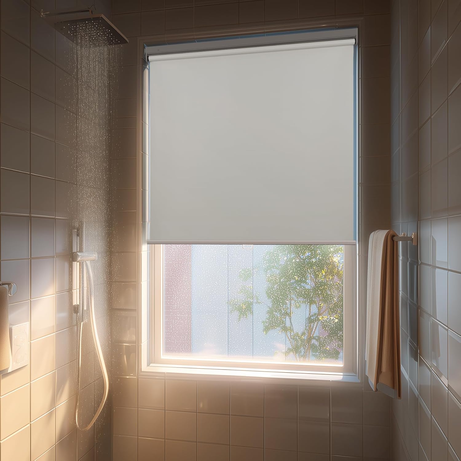 HESTIA No Drill Cordless Blackout Roller Shades Screwless Waterproof Shower Window Blinds, Auto-Retraction Easy Install Blind for Bathroom/Kitchen/Office/Exterior, White, 21.5\" W x 54\" H 21.5\"W x 54\"H Signal White INCOMPLETE