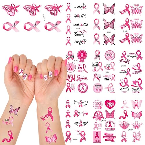 Tatuajes temporales de cáncer de mama para mujeres, 10 hojas de decoración de fiesta de cáncer de mama, cinta rosa, tatuajes falsos, regalos para