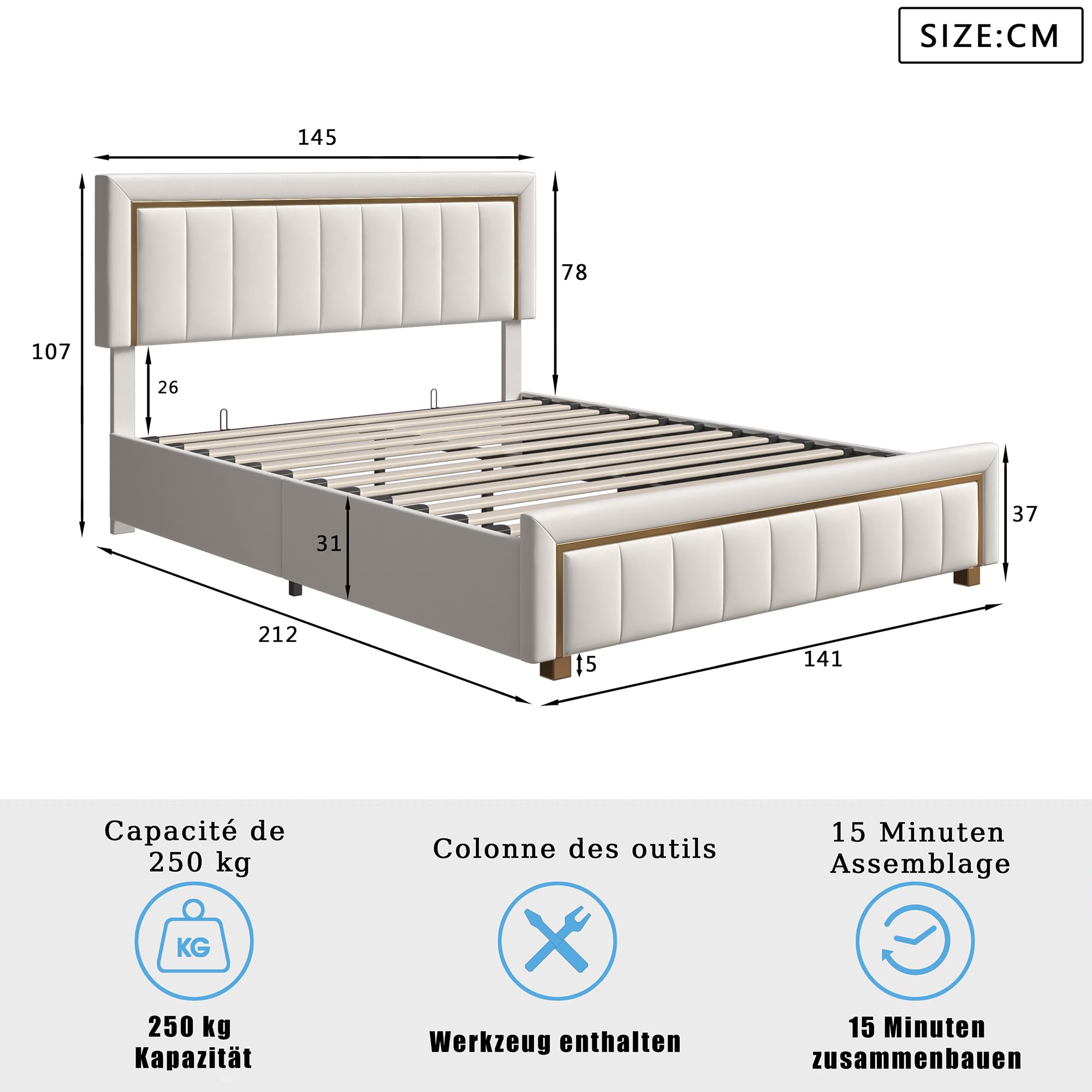 LIVLUX Lit Coffre 140x200 avec Sommier,Lit Double rembourré avec hydraulique Rangement et Tête de lit,Lit 2 Personnes pour Adultes et Adolescents,Velours (Beige A, 140 x 200 cm)
