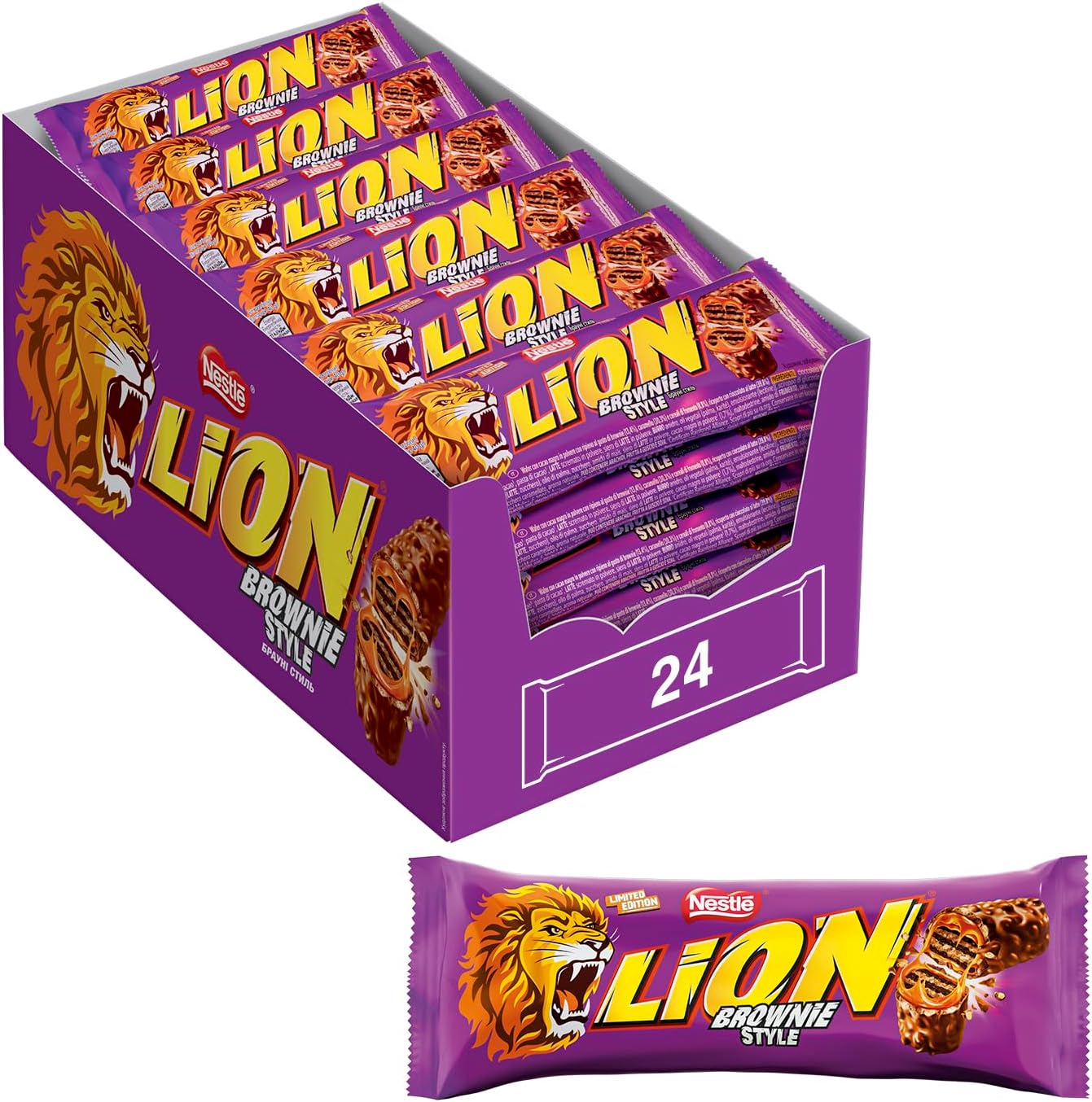 LION Brownie Limited Edition Wafer con Caramello e Cereali ricoperto di Cioccolato al Latte con ripieno gusto Brownie, 24 Snack da 40g (960g)