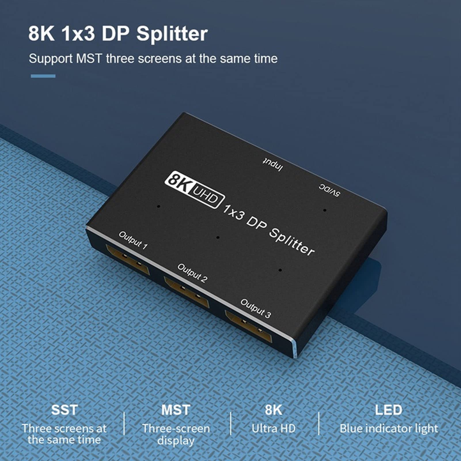 Displayport, Splitter DisplayPort 1x3 8K 30Hz 4K 144Hz Triple MST SST Hub 1 in 3 Out Splitter DP per Home Theater, Scuola, Hotel, Ecc