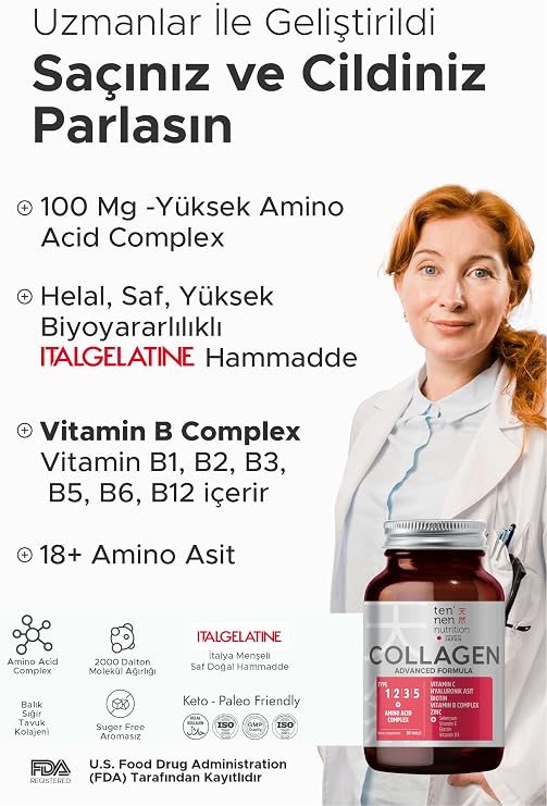 Tennen Nutrition Type 1,2,3,5 Collagen Tablets Contains Vitamin C, Hyaluronic Acid, Elastin, Biotin, Selenium, Folic Acid, Vitamin E, Vitamin D, Vitamin B Complex, Advanced Amino Acid Collagen Complex
