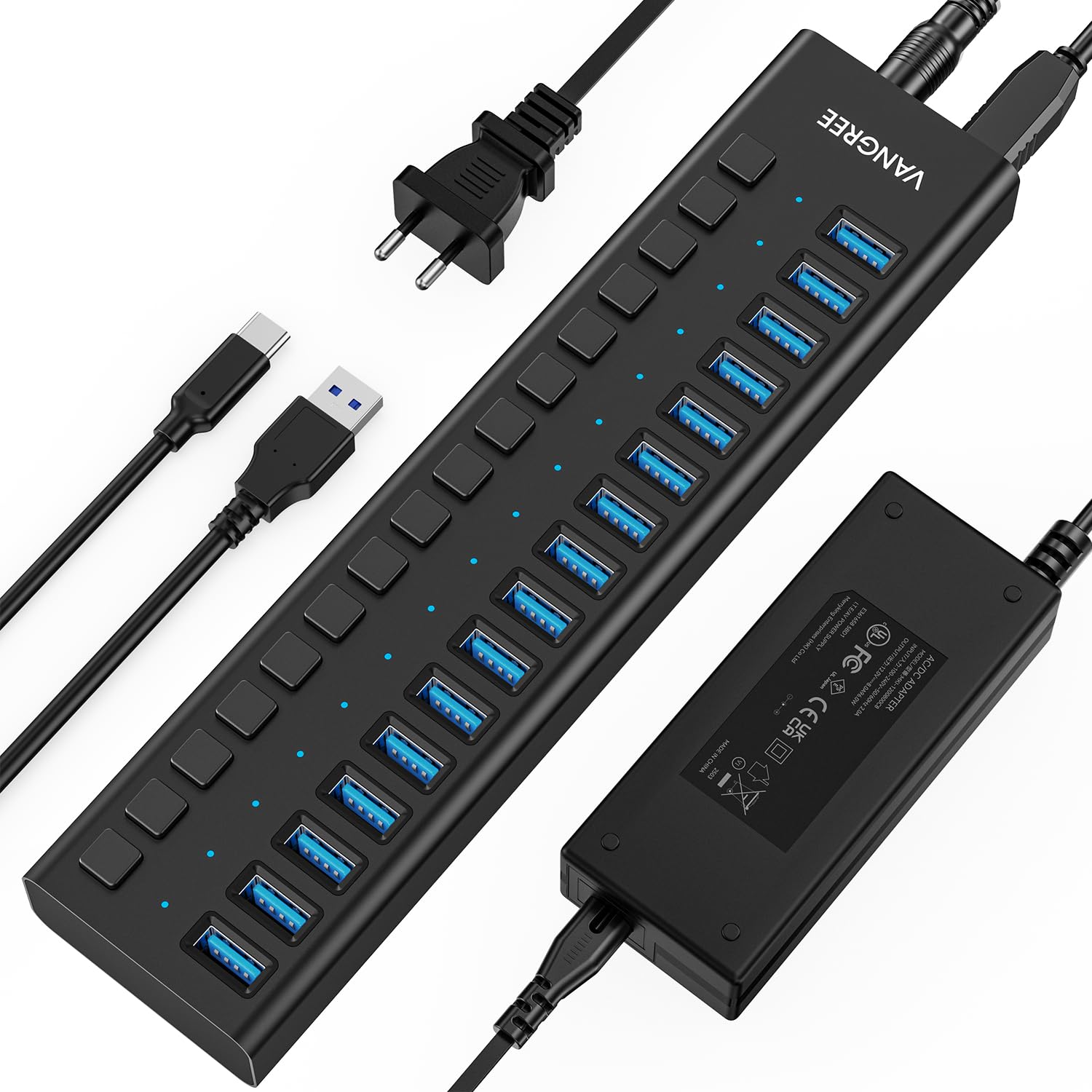 Hub USB 10 Gb/s, 16 portów 96 W, koncentrator USB 3.2, indywidualne przełączniki on/off, adapter zasilania 12 V/8 A, rozdzielacz USB 3.2 do laptopa, komputera, przenośnego dysku twardego, dysku Flash