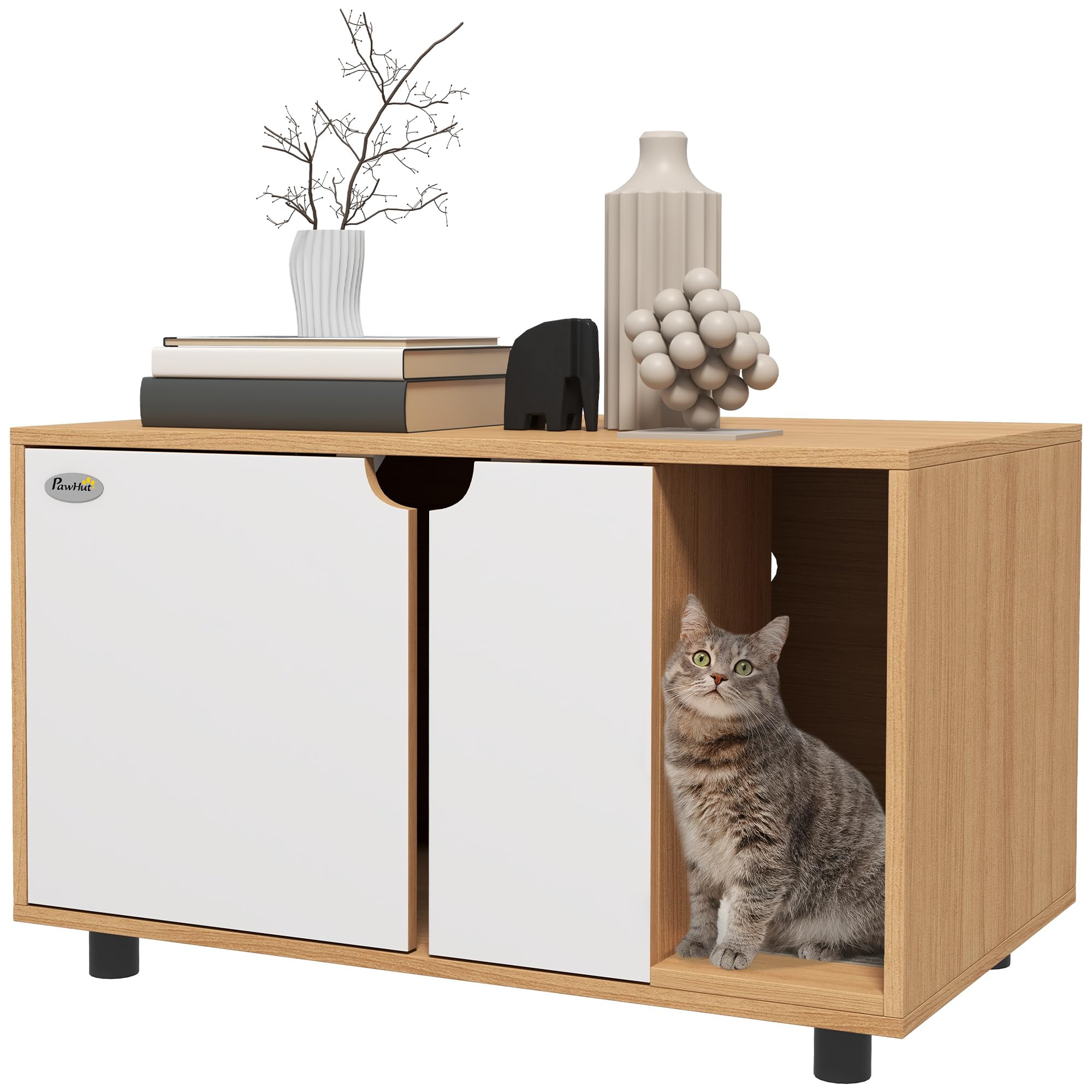 PawHut - Casa de Aseo para Gatos, Muebles para Gatos, Puertas, Mesa Auxiliar para Mascotas, Alfombra de Fugas de Arena, 2 Agujeros de ventilación, Estilo escandinavo, Natural y Blanco