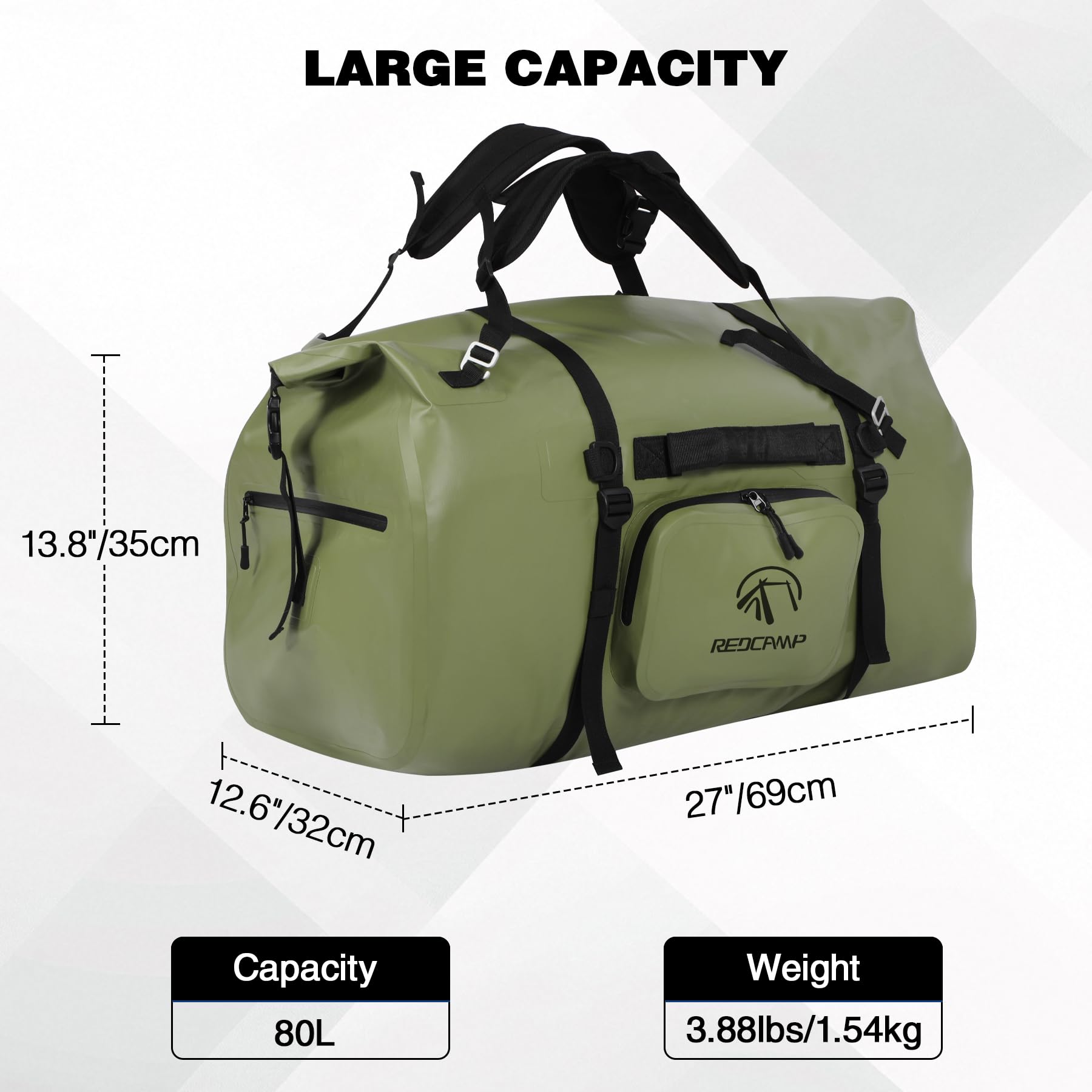REDCAMP Große wasserdichte Reisetasche, 80L Rolltop Rucksack Dry Bag PVC 500D, Sporttasche mit Schnellbefestigungsgurten für Camping Motorrad Bootfahren Angeln Rafting Kajak Paddeln, Armeegrün
