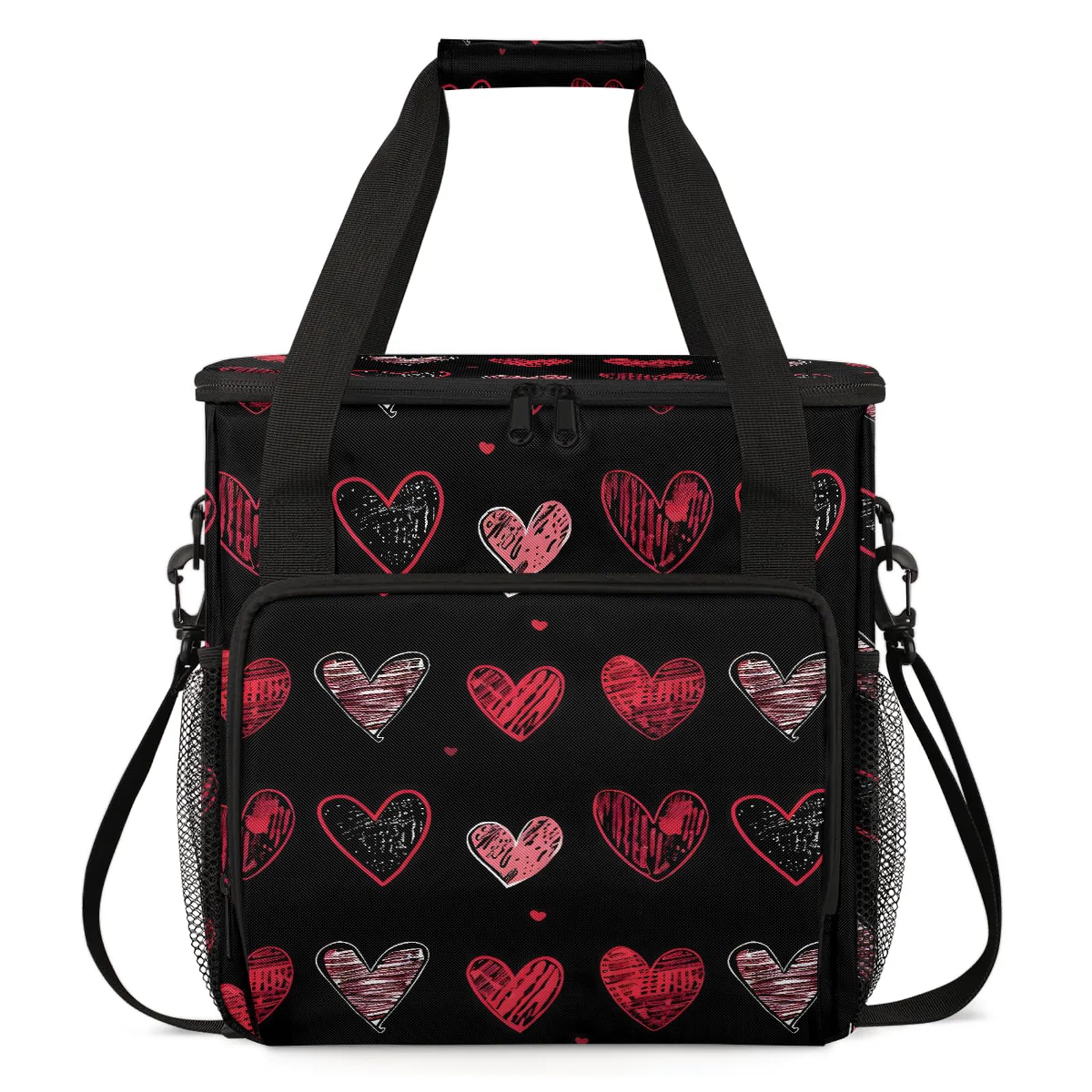 Adornori Valentine's Day Black Red Heart Coffee Maker Carring Bag, Large Insulated Storage Organizer Case Tote Bags with Shoulder Strap for Travel Work Picnic