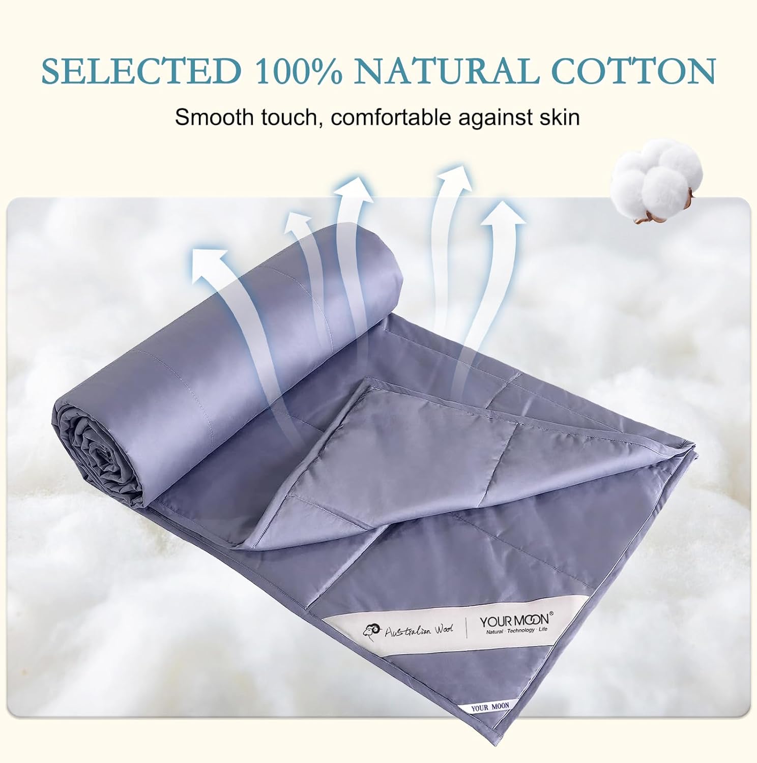 YOUR MOON Summer Lightweight Wool Comforter - Breathable & Thin Duvet Insert for Hot Sleepers, 100% Australian Wool Filling 100gsm with Pure Cotton Shell-Twin Size (Gray)