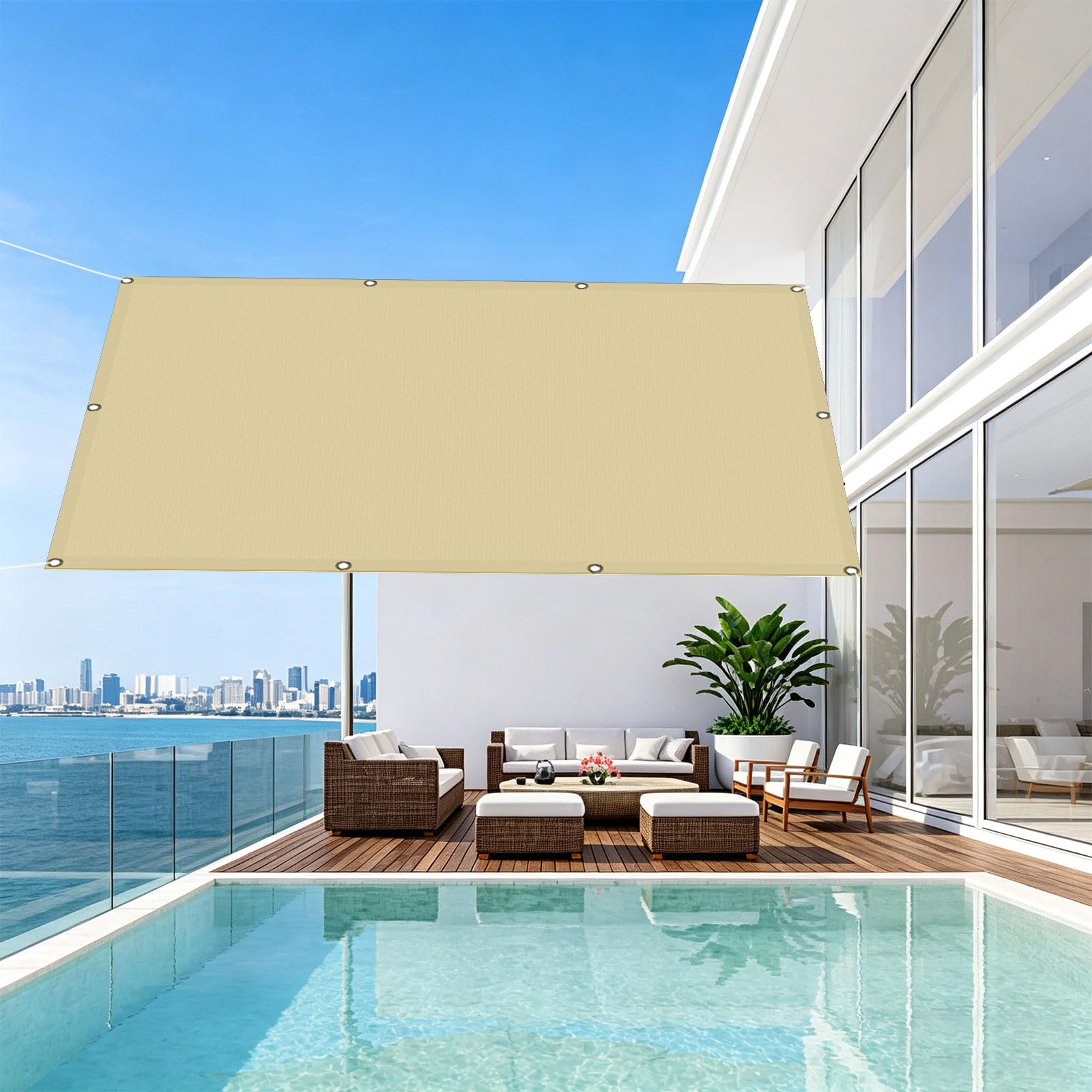 Voile d'ombrage 1.6x4.6 m jaune sable en polyester anti-UV avec cordons pour terrasse et jardin