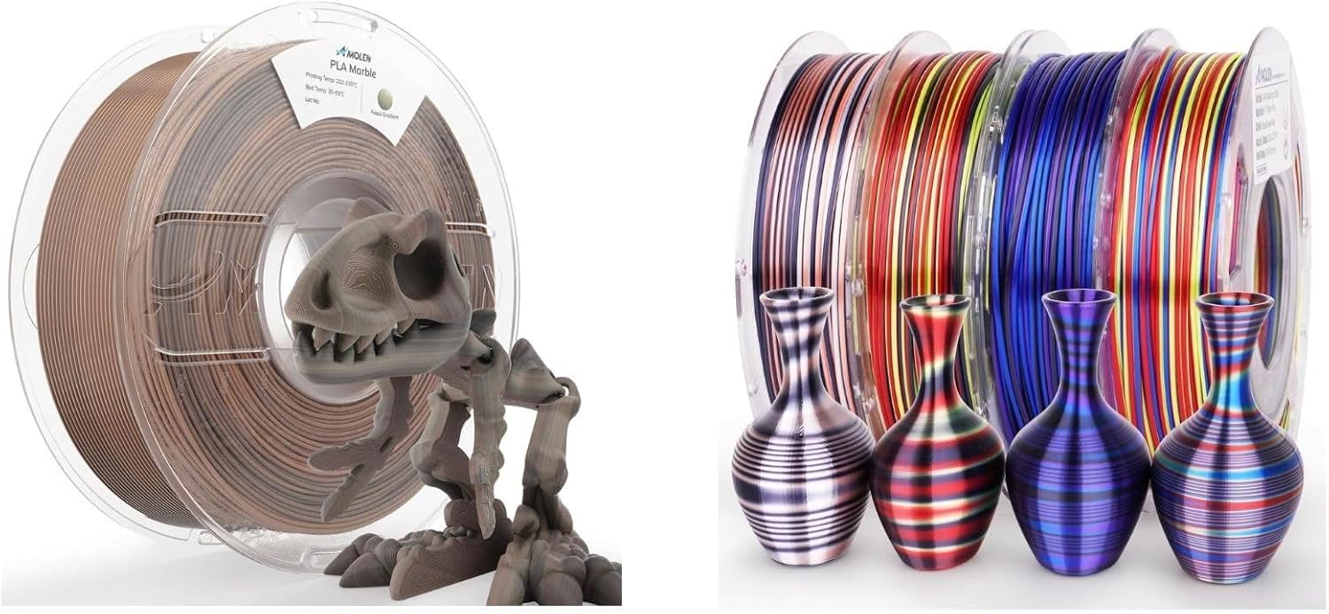 AMOLEN Marble Fossil Gradient & Silk PLA 3D Printer Filament Bundle 1.75MM, Dimensional Accuracy ± 0.02mm Printing Spool
