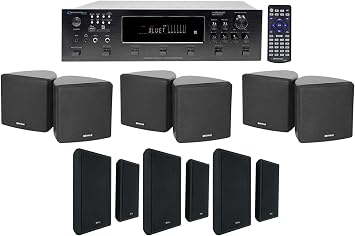 Technical Pro 6-Zone Receiver+6 Black 3.5" Cube+Slim Wall Speakers for Restaurant/Bar/Cafe