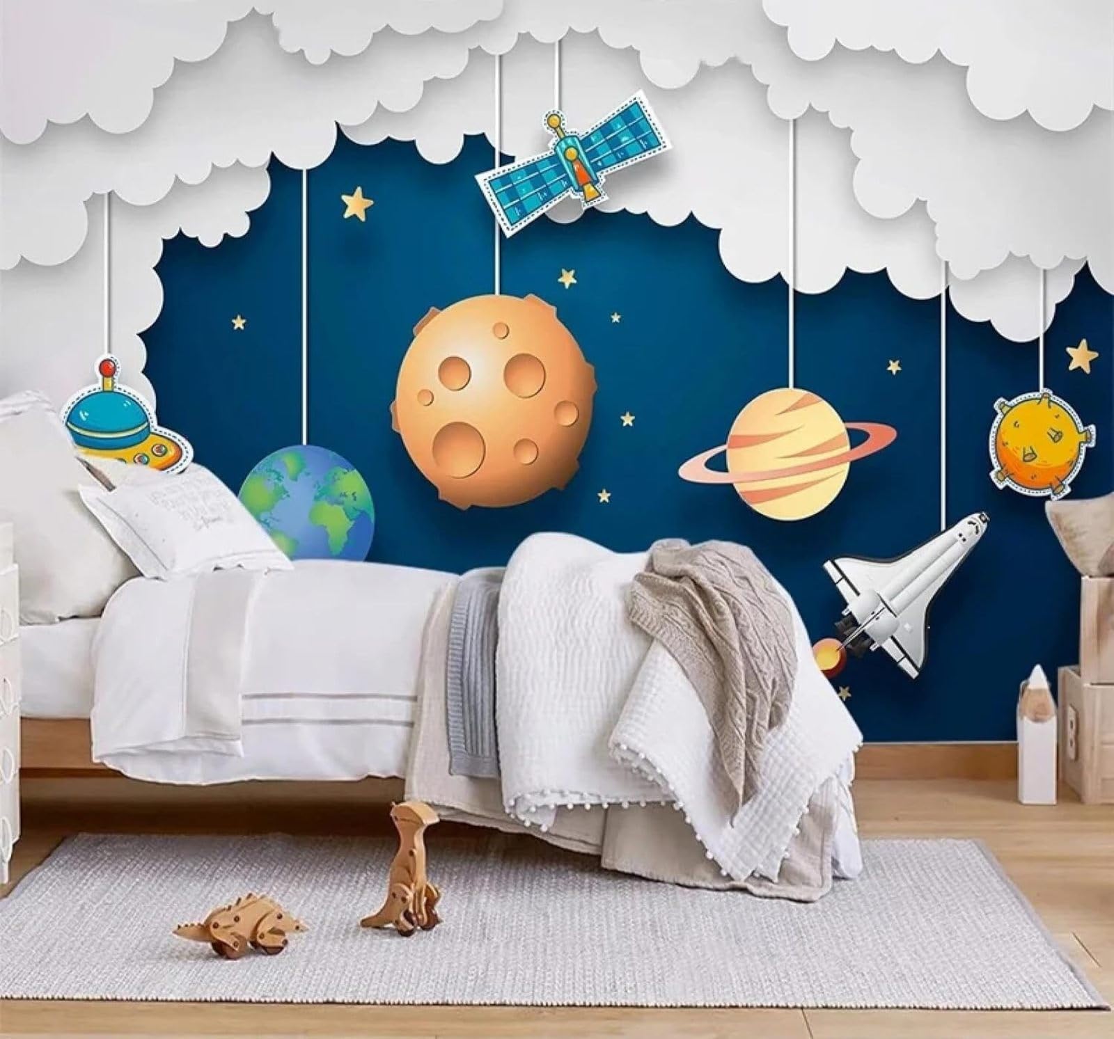 Tzxztt Cartoon Hand Drawn Universe Rocket Planet Modern 3D Wallpaper Premium Textured Silk Neutral Tones Material Ideal for Living Room Bedroom-400cm×280cm